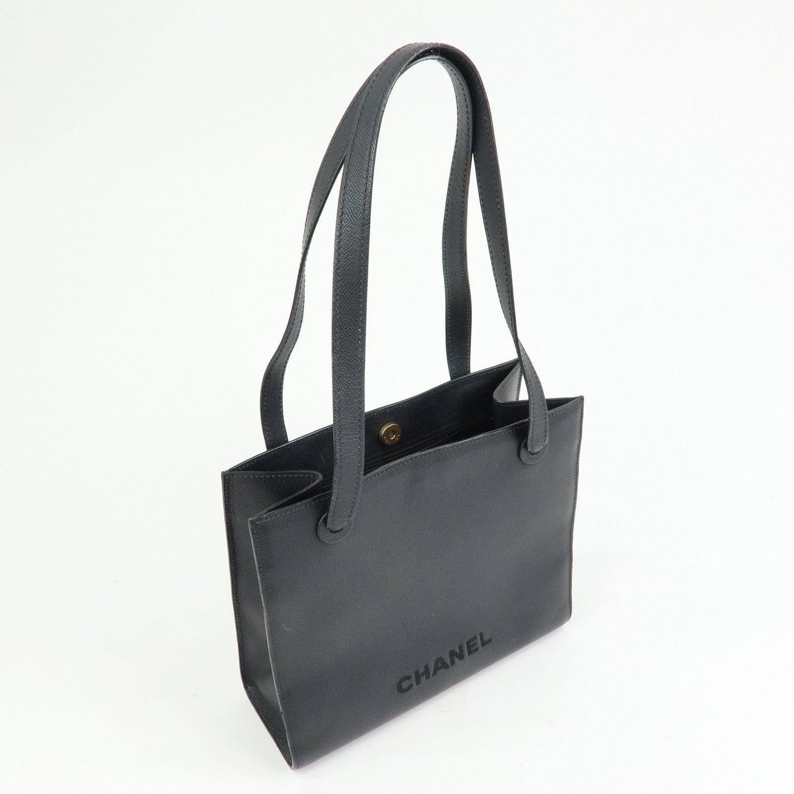 CHANEL Logo Calf Leather Tote Bag Shoulder Bag Hand Bag Black