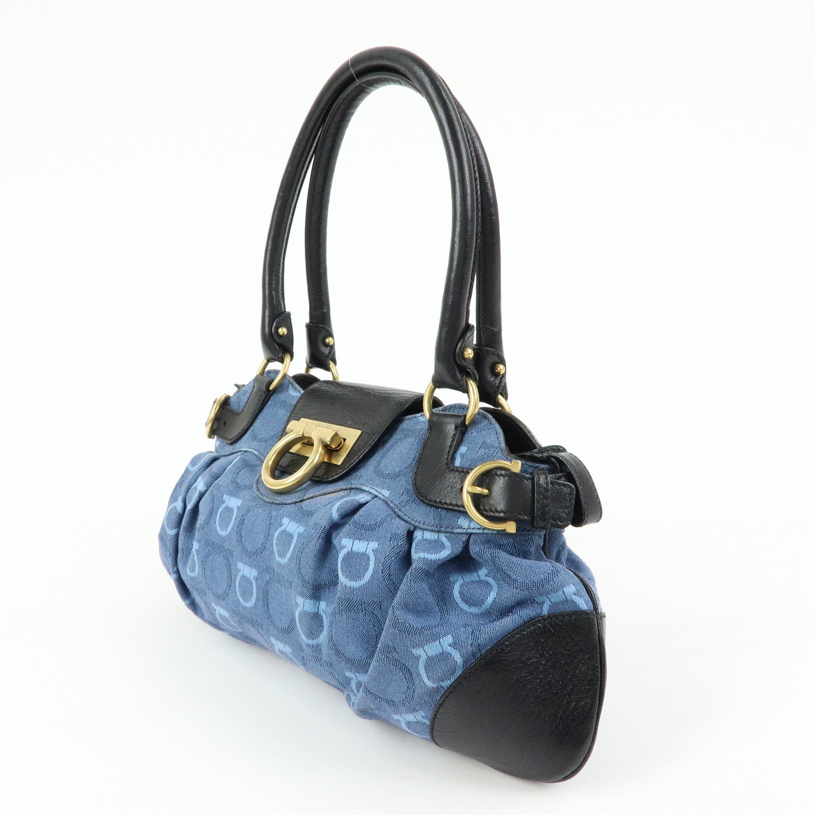Ferragamo Gancini Canvas Leather Hand Bag Shoulder Bag Blue Black