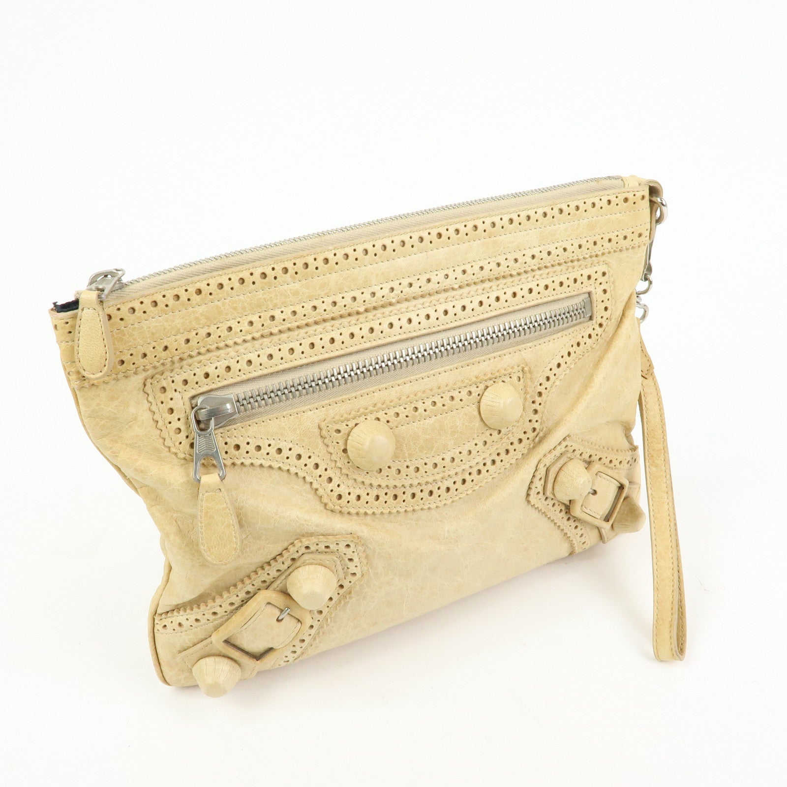 BALENCIAGA Leather Giant Clutch Bag Pouch Beige 204533