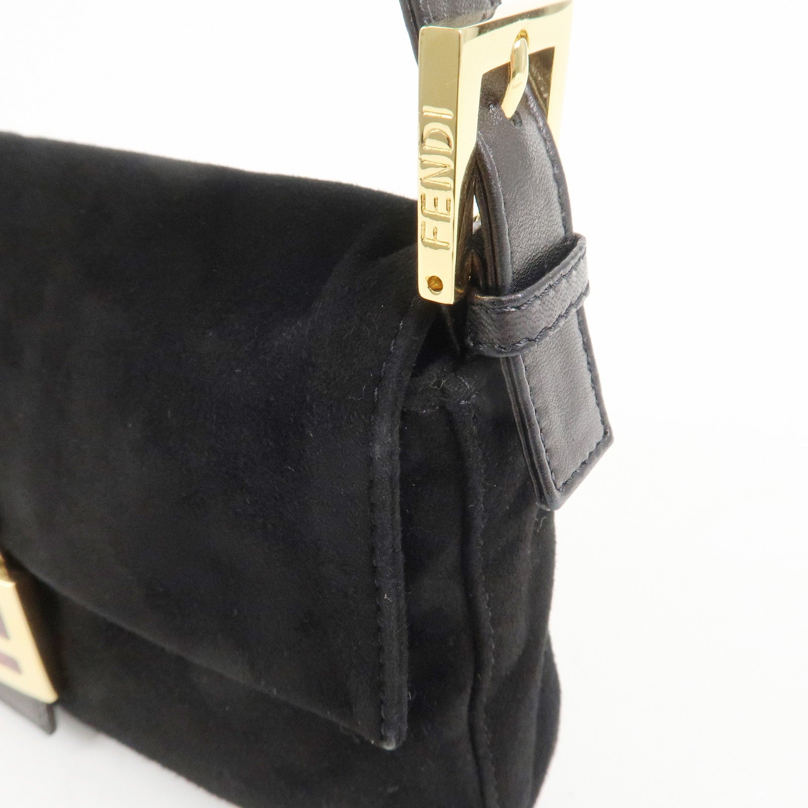 FENDI Mamma Baguette Suede Leather Shoulder Bag Black 26424