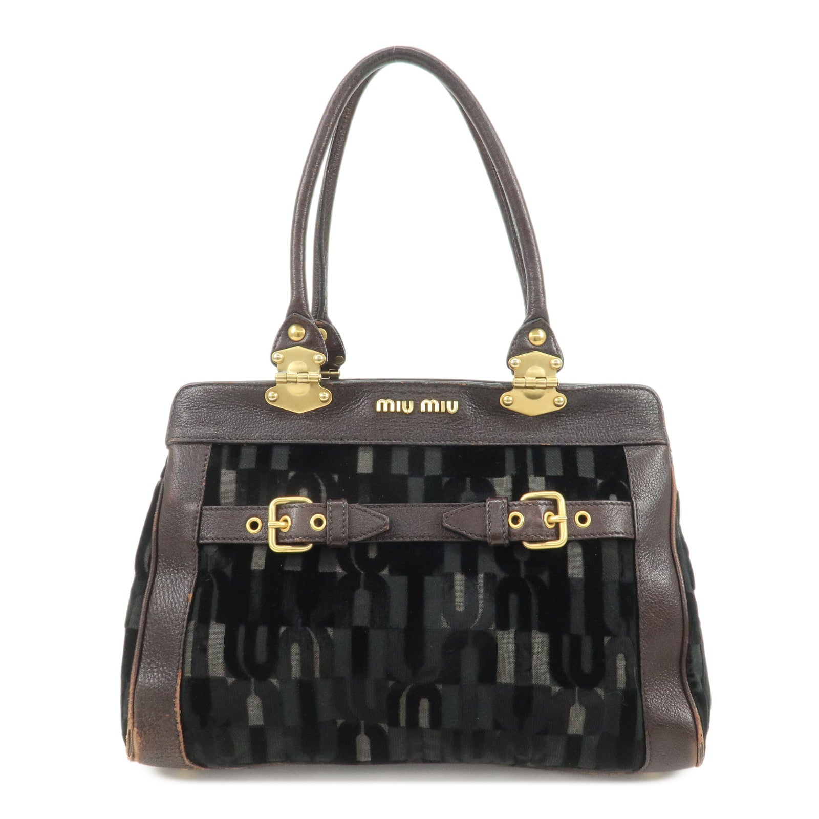 MIU MIU Logo Velour Leather Shoulder Bag Black Brown