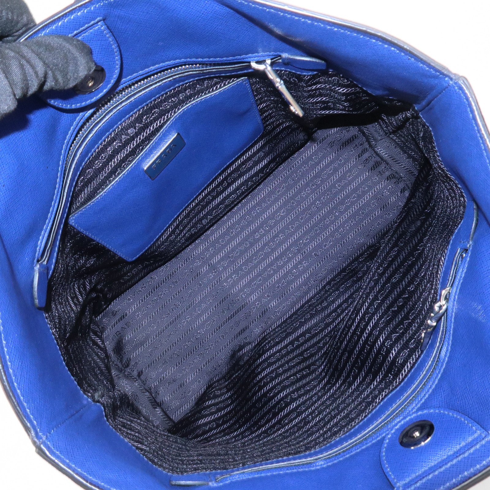 PRADA Triangle Logo Saffiano Leather Tote Shoulder Bag Blue 1BG133