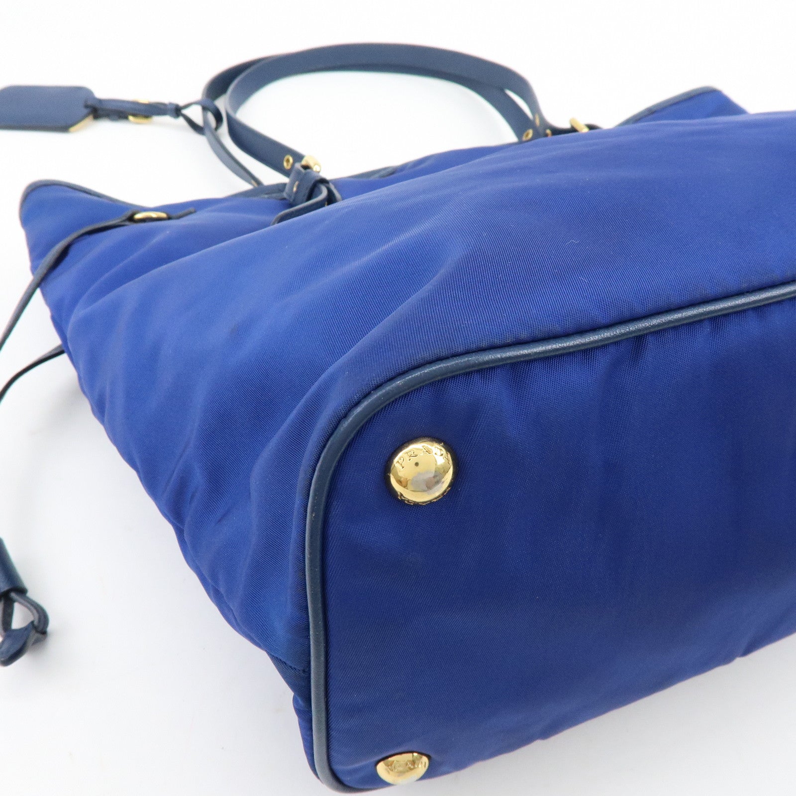 PRADA Logo Nylon Leather Tote Bag Shoulder Bag Blue BR4997