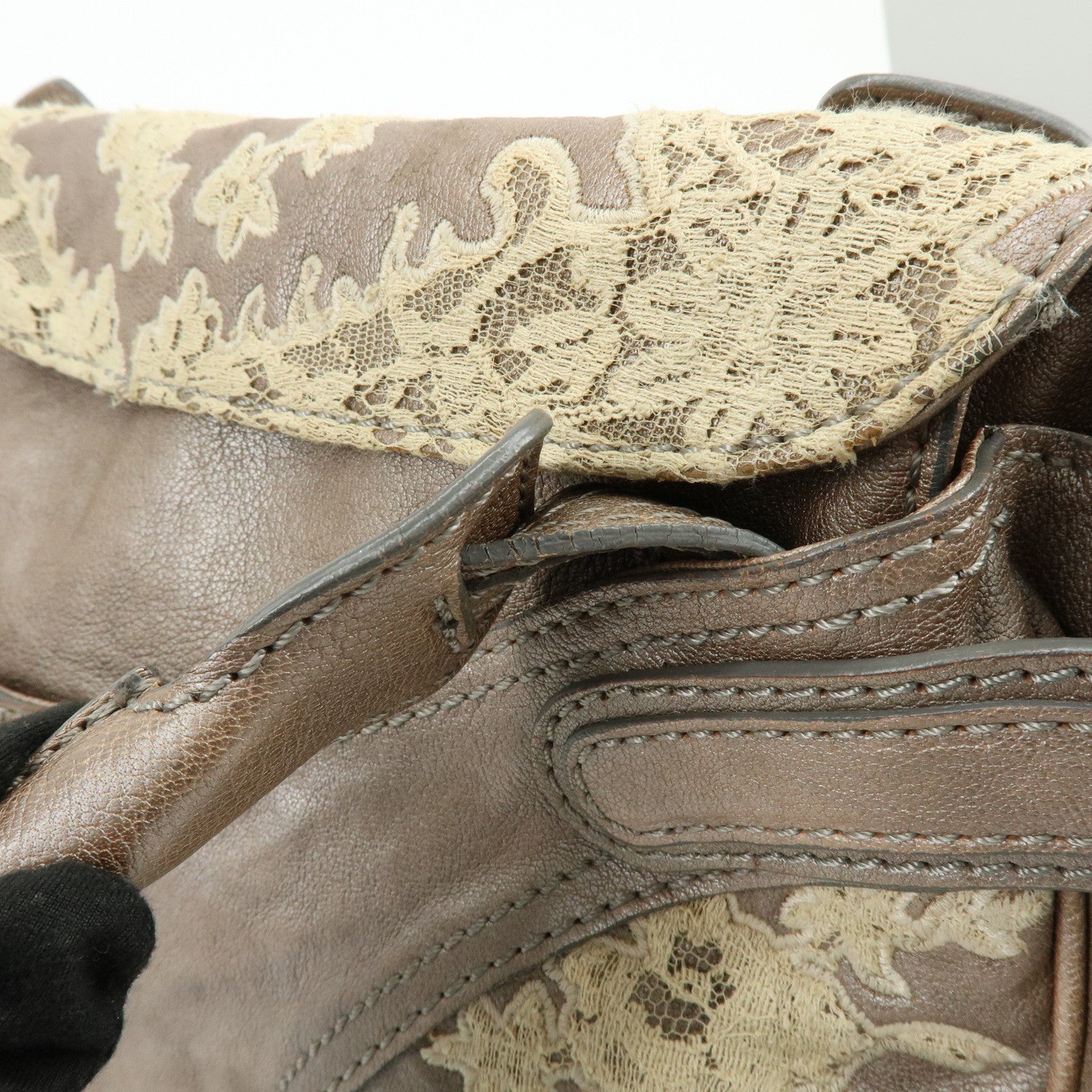 VALENTINO Flower Embroidery Leather Hand Bag Shoulder Bag Greige