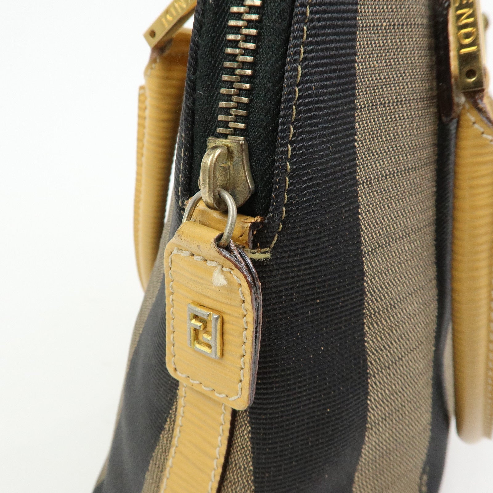 FENDI Pequin Canvas Leather 2Way Bag Hand Bag Shoulder Bag Brown