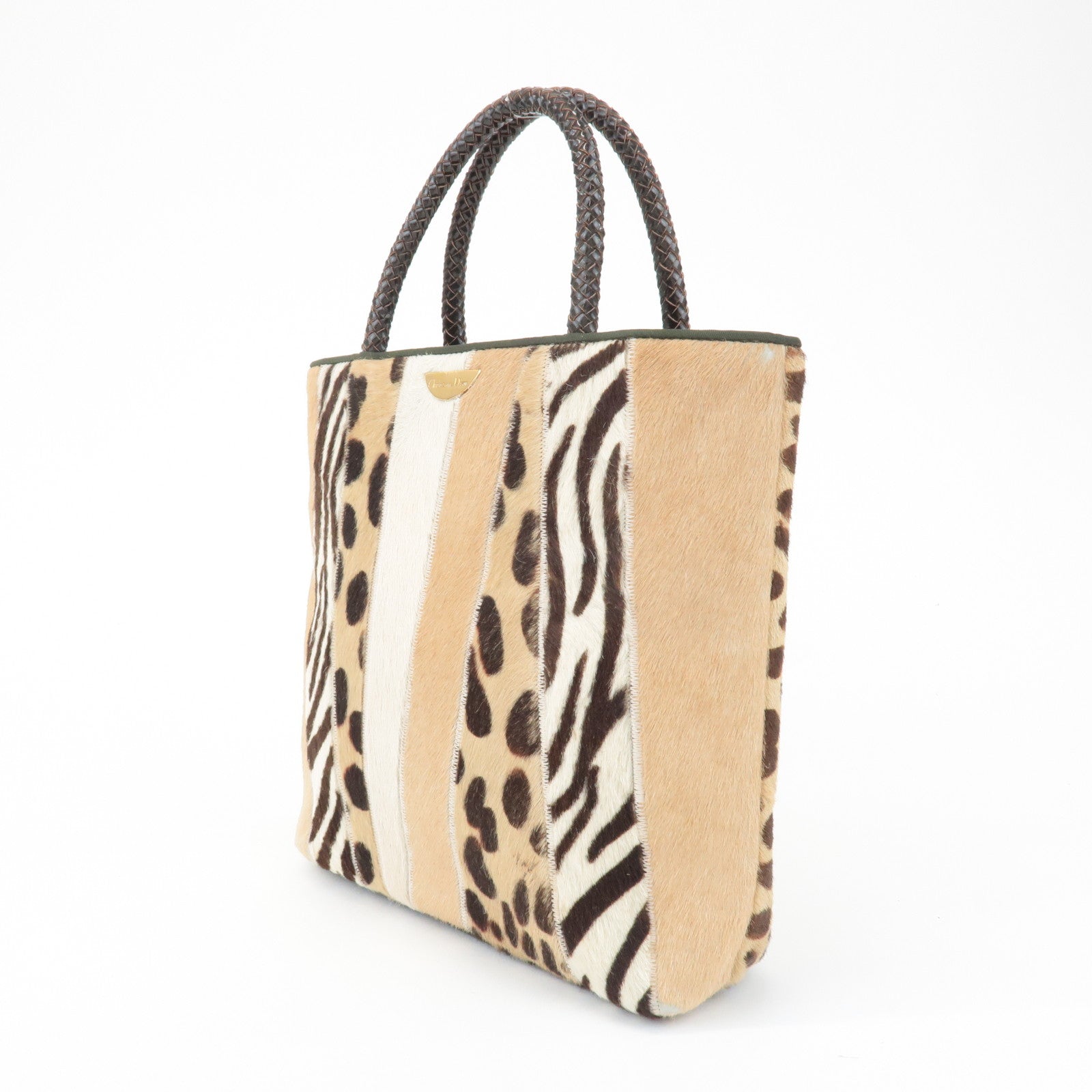 Christian Dior Leather Unborn Calf Tote Bag Leopard Beige Brown Used