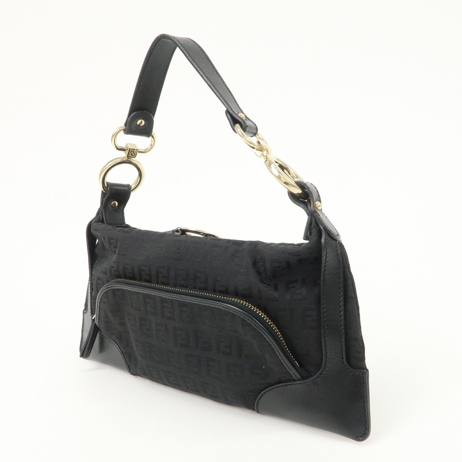 FENDI Zucchino Canvas Leather Logo Charm Shoulder Bag Black 8BR464
