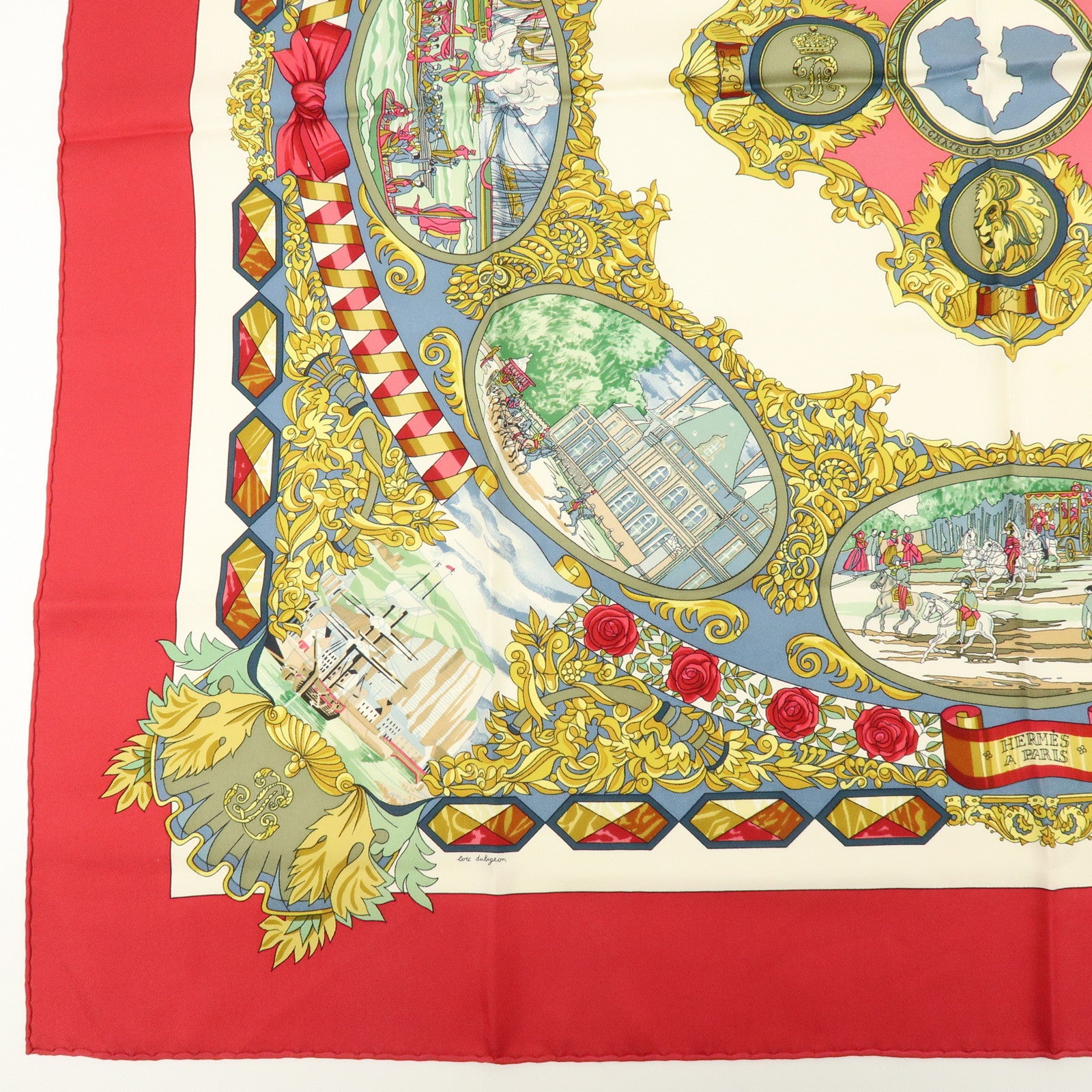 HERMES Carre 90 Silk 100% Scarf L'ENTENTE CORDIALE Red Ivory