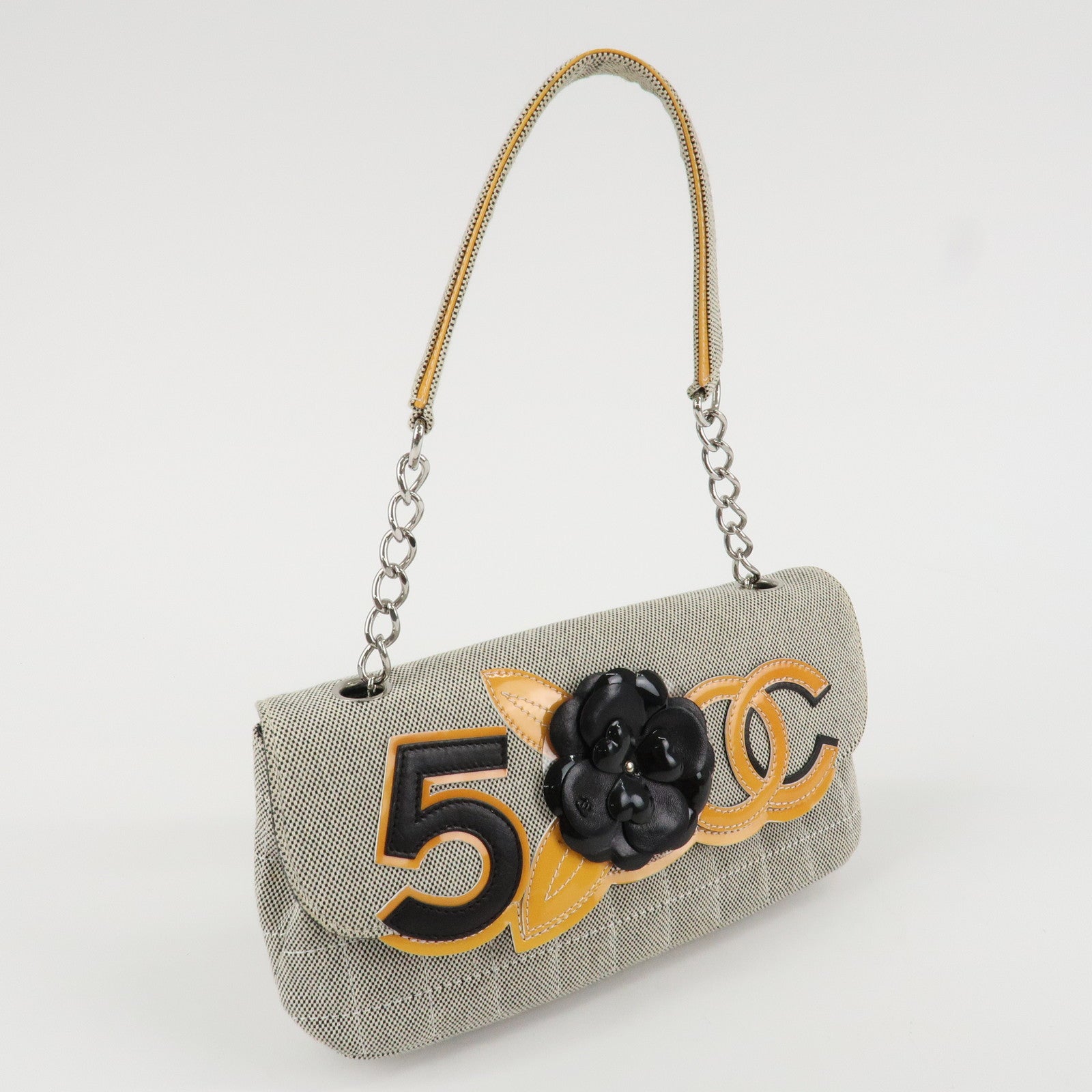 CHANEL COCO Mark Canvas Patent Leather Chain Shoulder Bag Grey Orange Used