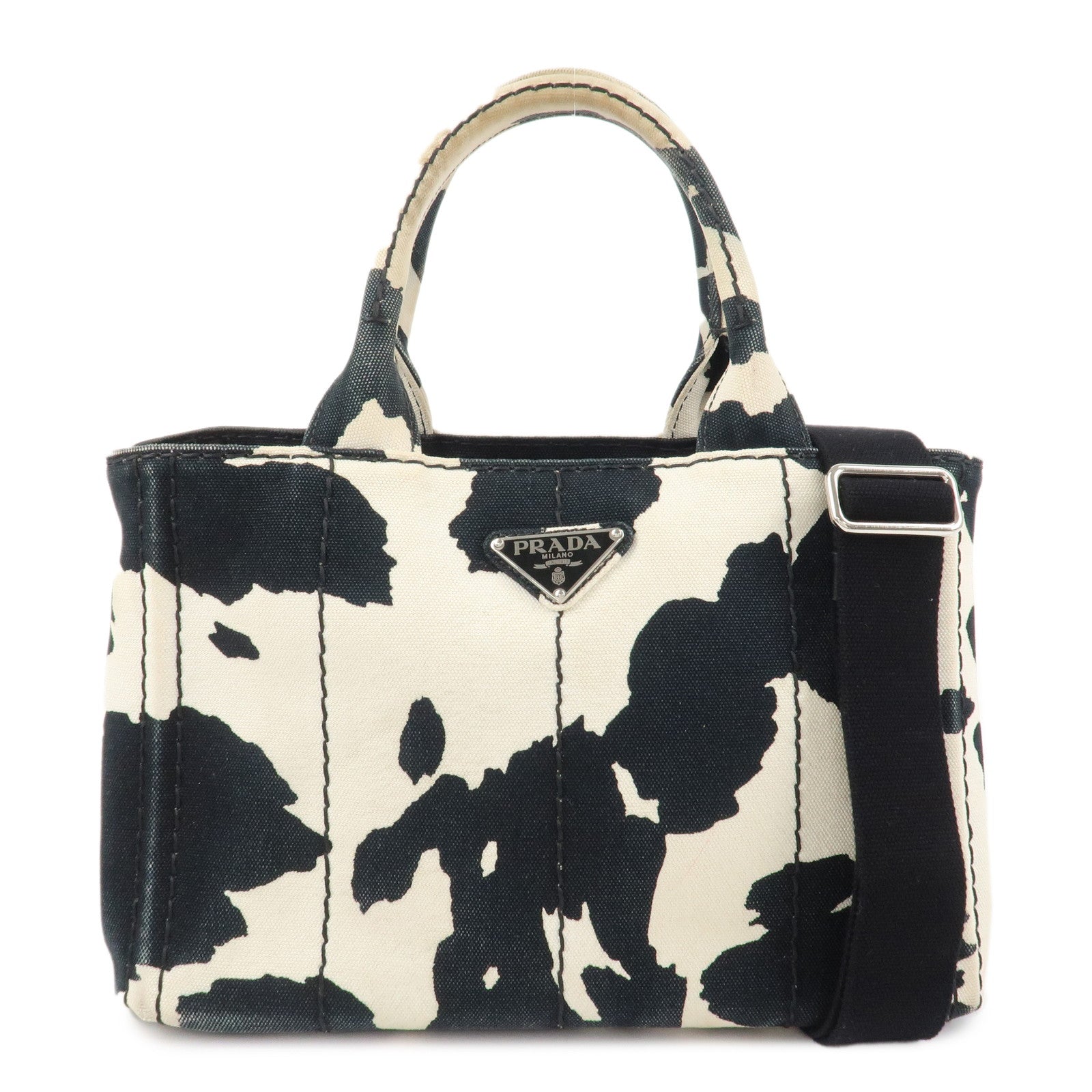 PRADA Logo Canapa Mini Canvas 2Way Bag Hand Bag Black White B2439G Used