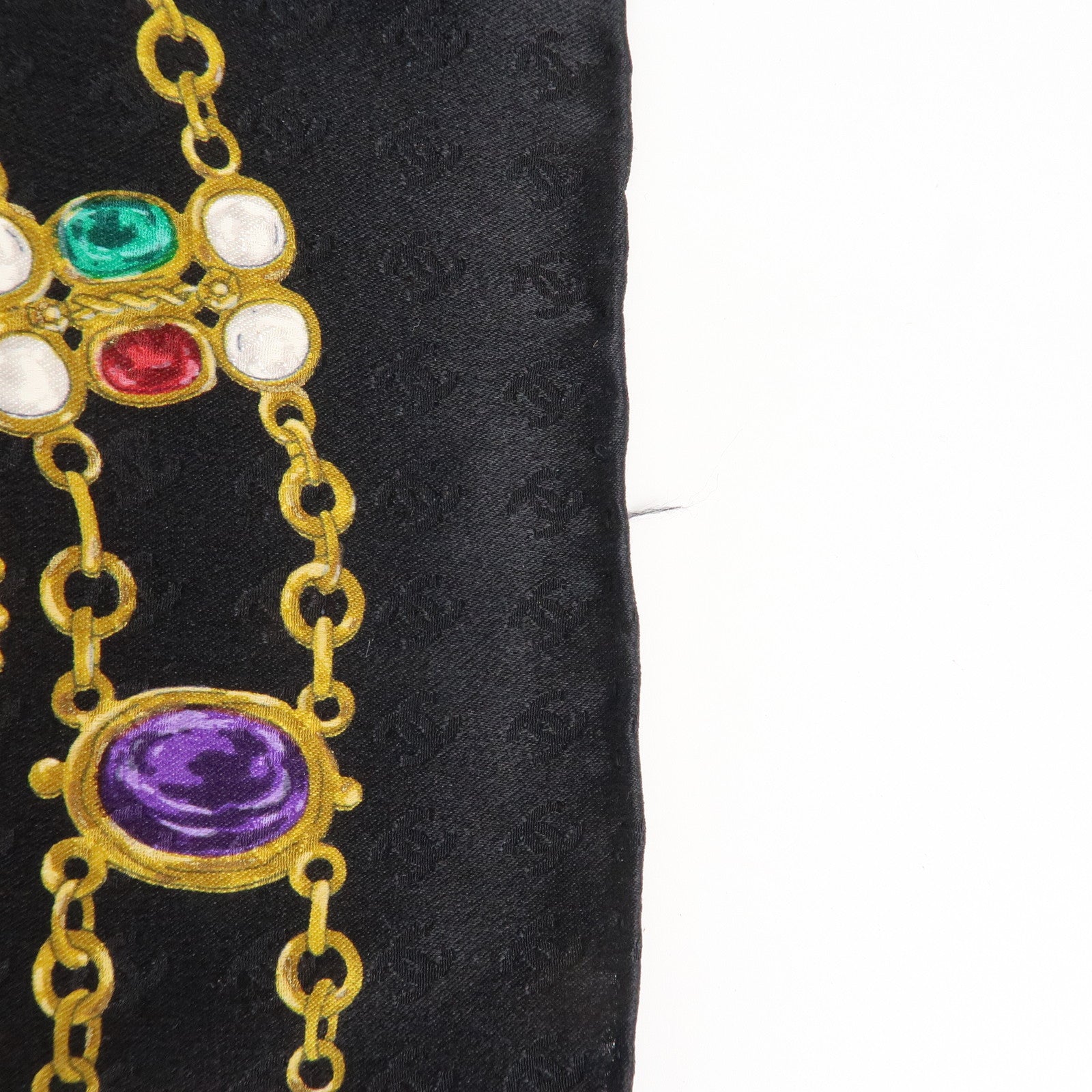 CHANEL COCO Mark Silk 100 % Jewelry Pattern Scarf Black Multi Color Used
