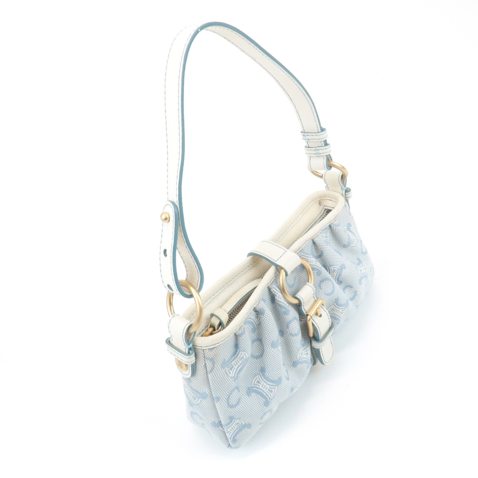 CELINE Canvas Leather Shoulder Bag Hand Bag Blue Ivory Used