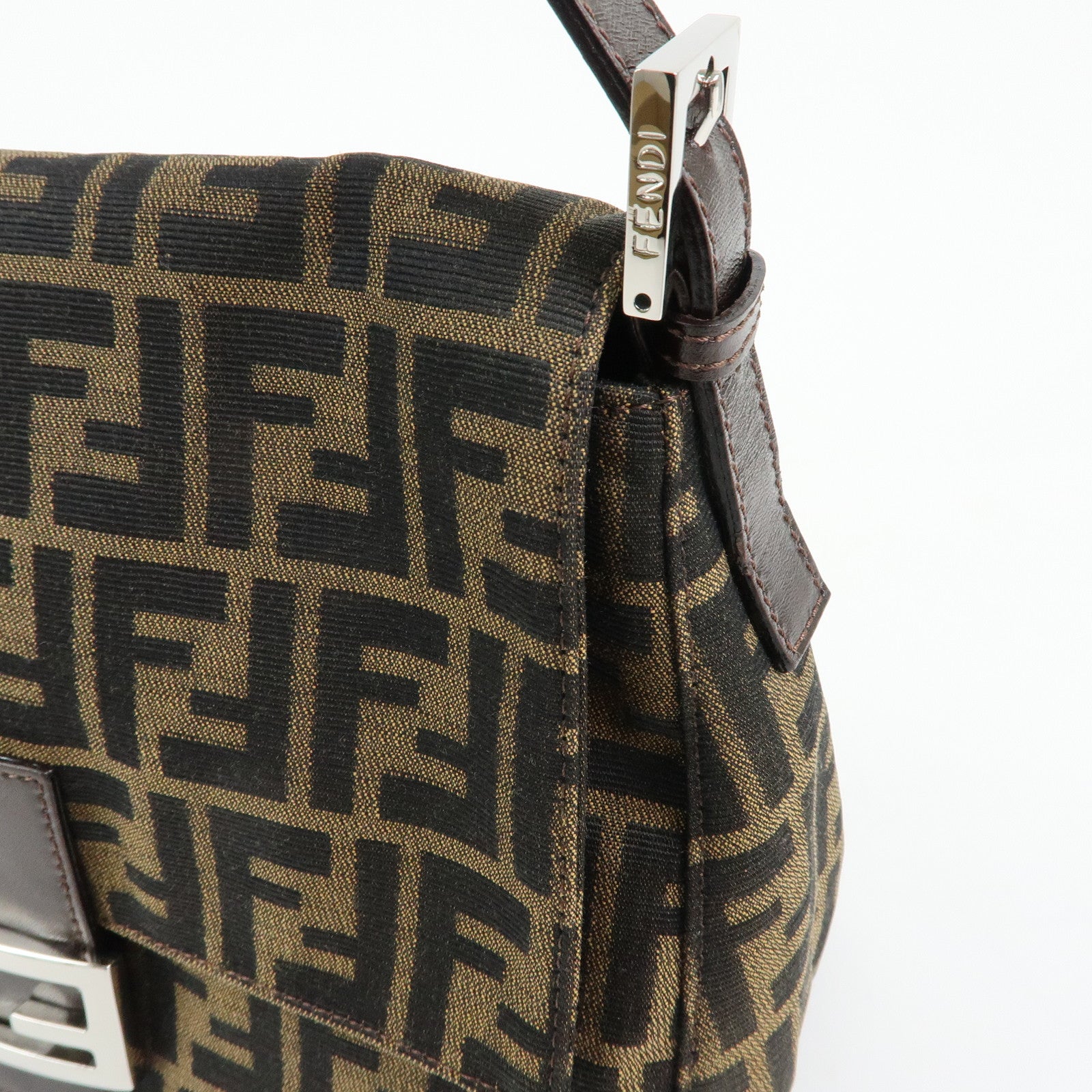 FENDI Mamma Baguette Zucca Canvas Leather Shoulder Bag Brown 26325
