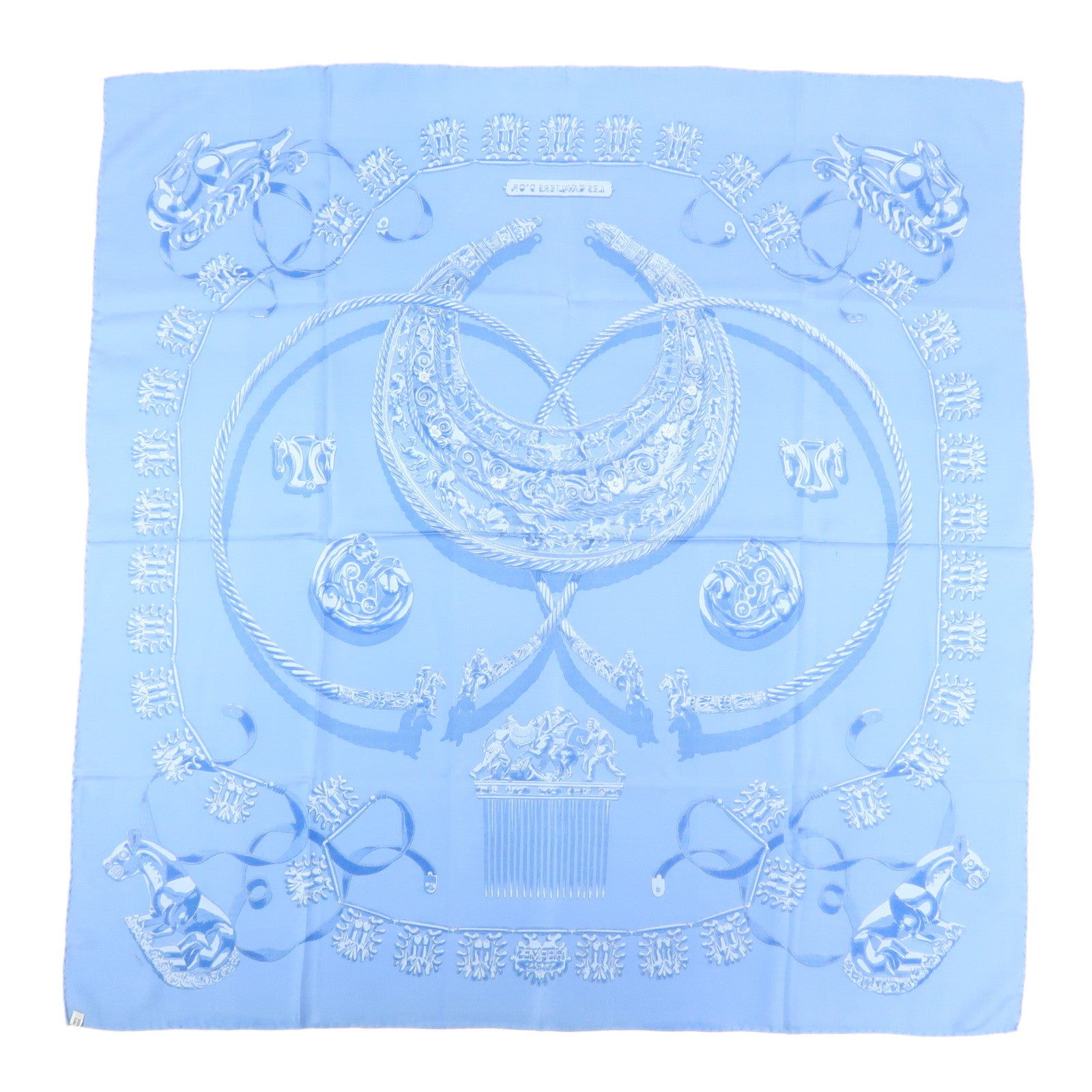 HERMES Carre 90 Silk 100% LES CAVALIERS D'OR Scarf Light Blue