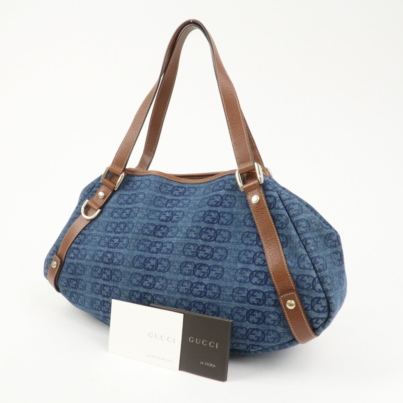 GUCCI Abbey GG Monogram Denim Leather Tote Bag Hand Bag130736