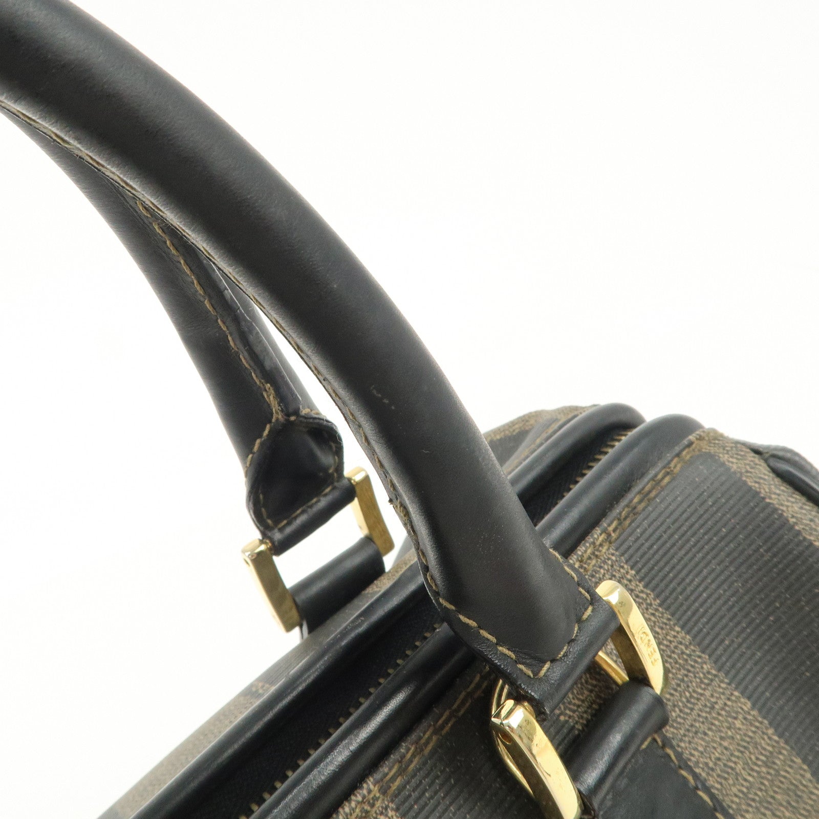 FENDI Pequin PVC Canvas Hand Bag Boston Bag Black Brown Used