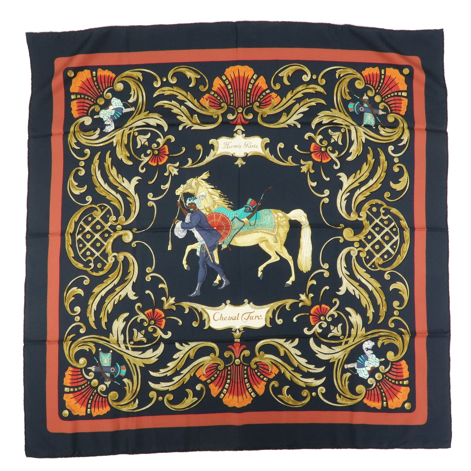 HERMES Carre 90 Silk 100% Scarf Cheval Jurc Blaqck Brown Red