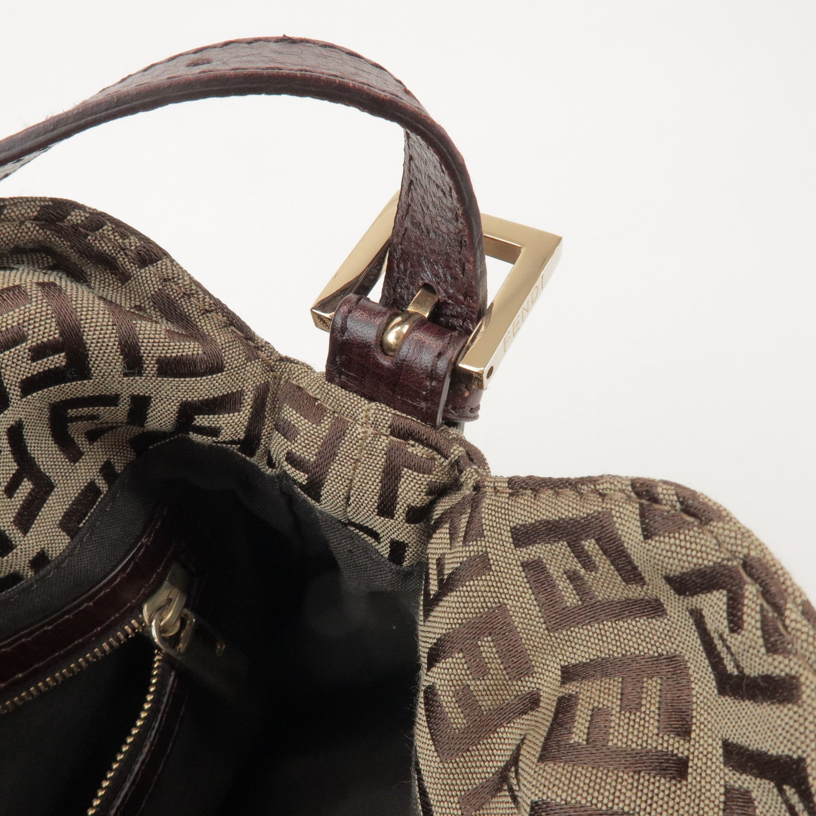 FENDI Zucchino Canvas Leather Hand Bag Brown Beige 8BR003