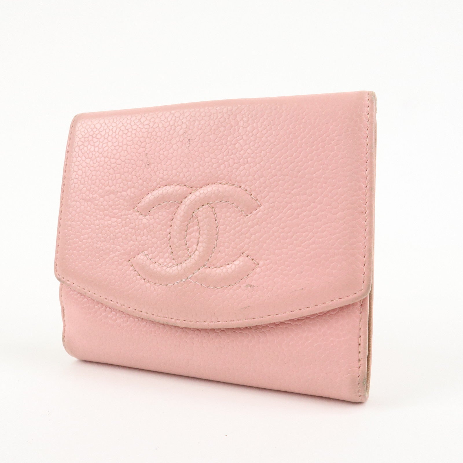 CHANEL COCO Mark Caviarskin Double Hook Wallet Pink A13496 Used