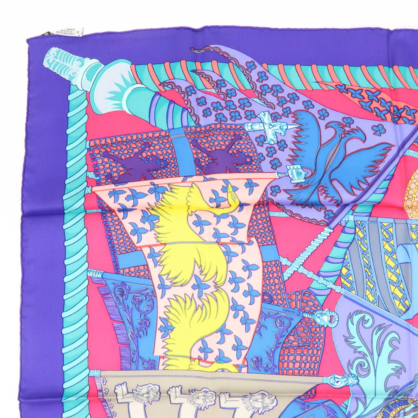 HERMES Carre 90 Silk 100% Etendards et Bonnieres Scarf Purple Blue