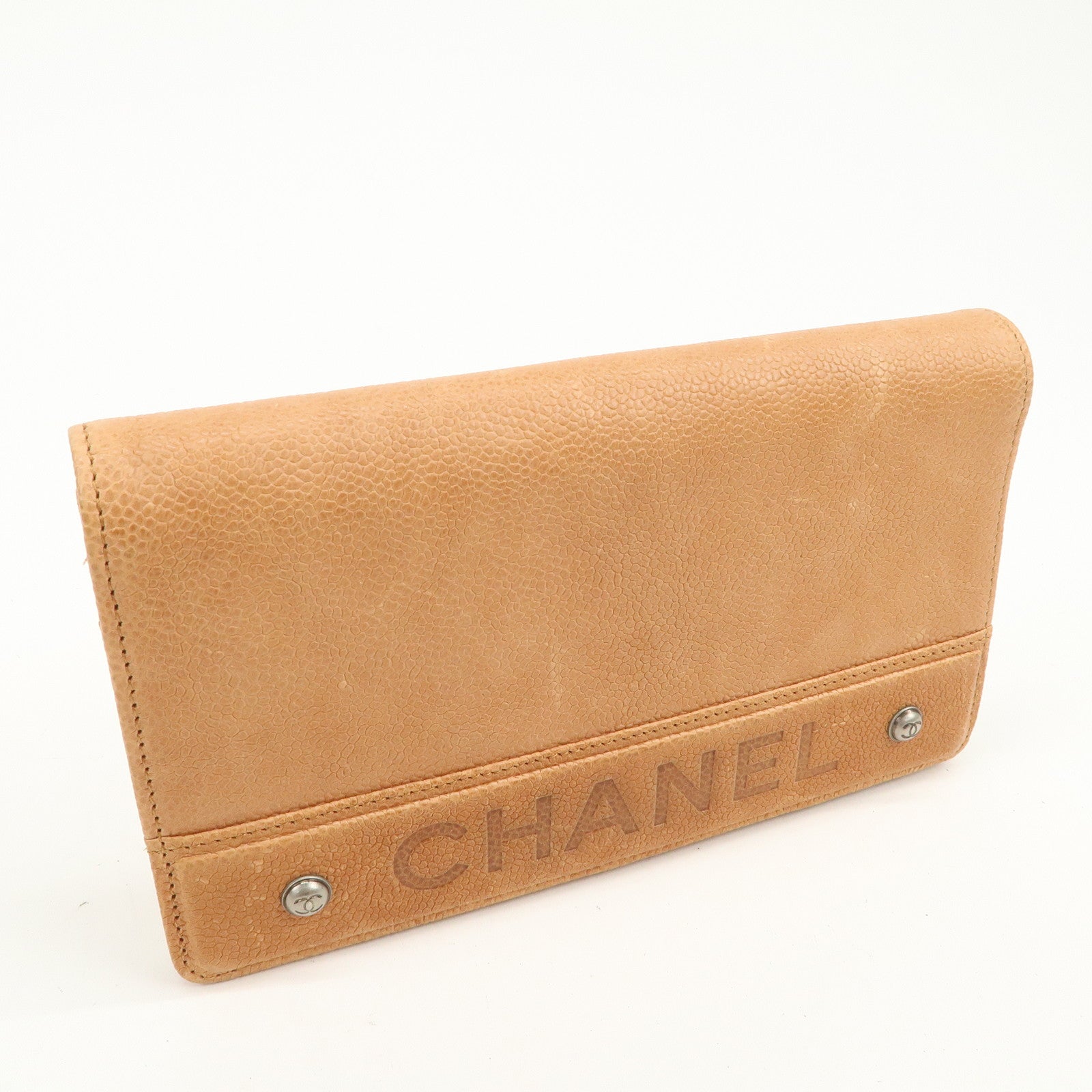 CHANEL Logo Caviarskin Flap Long Wallet Light Brown
