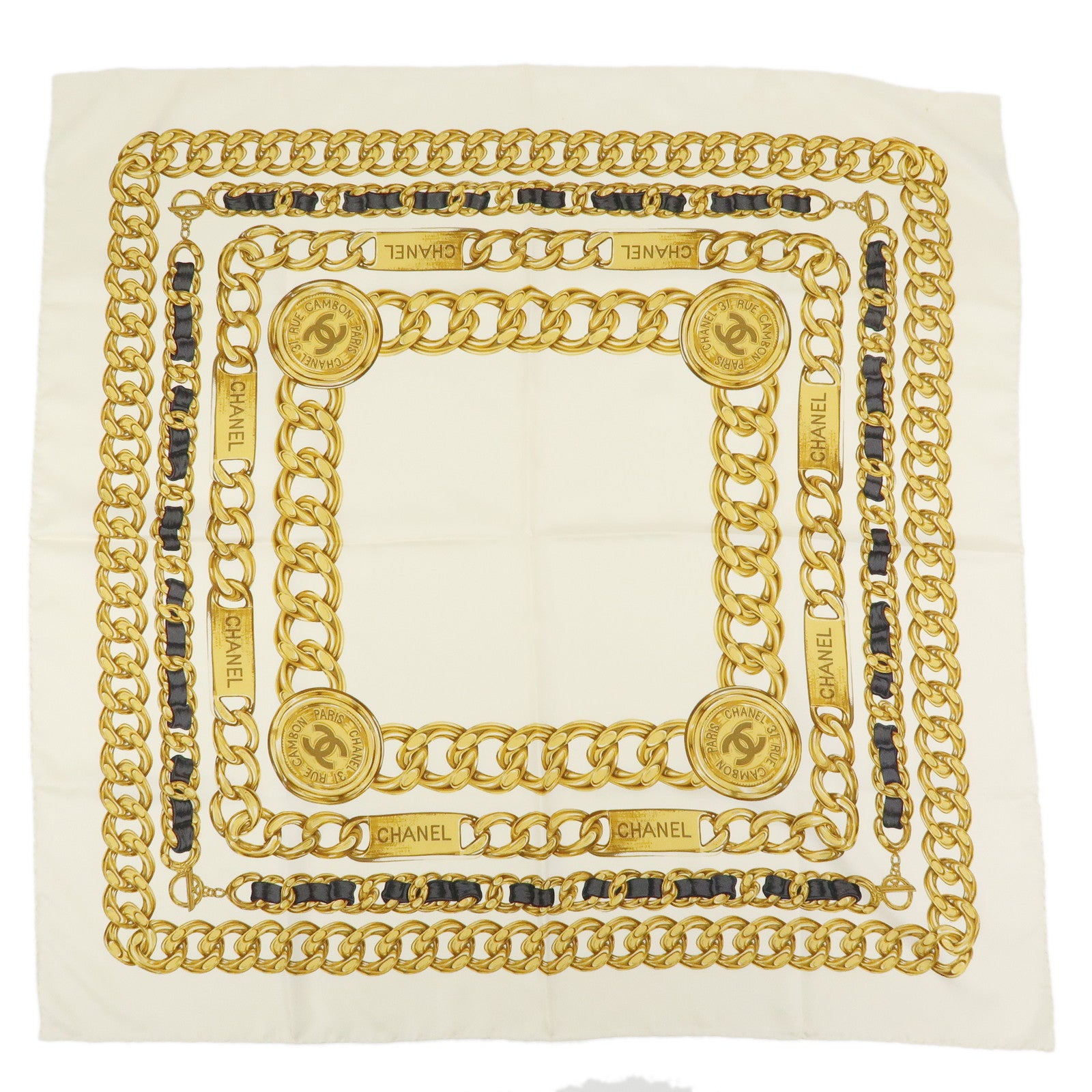 CHANEL Silk 100% Scarf Chain Medal Motif Beige Gold