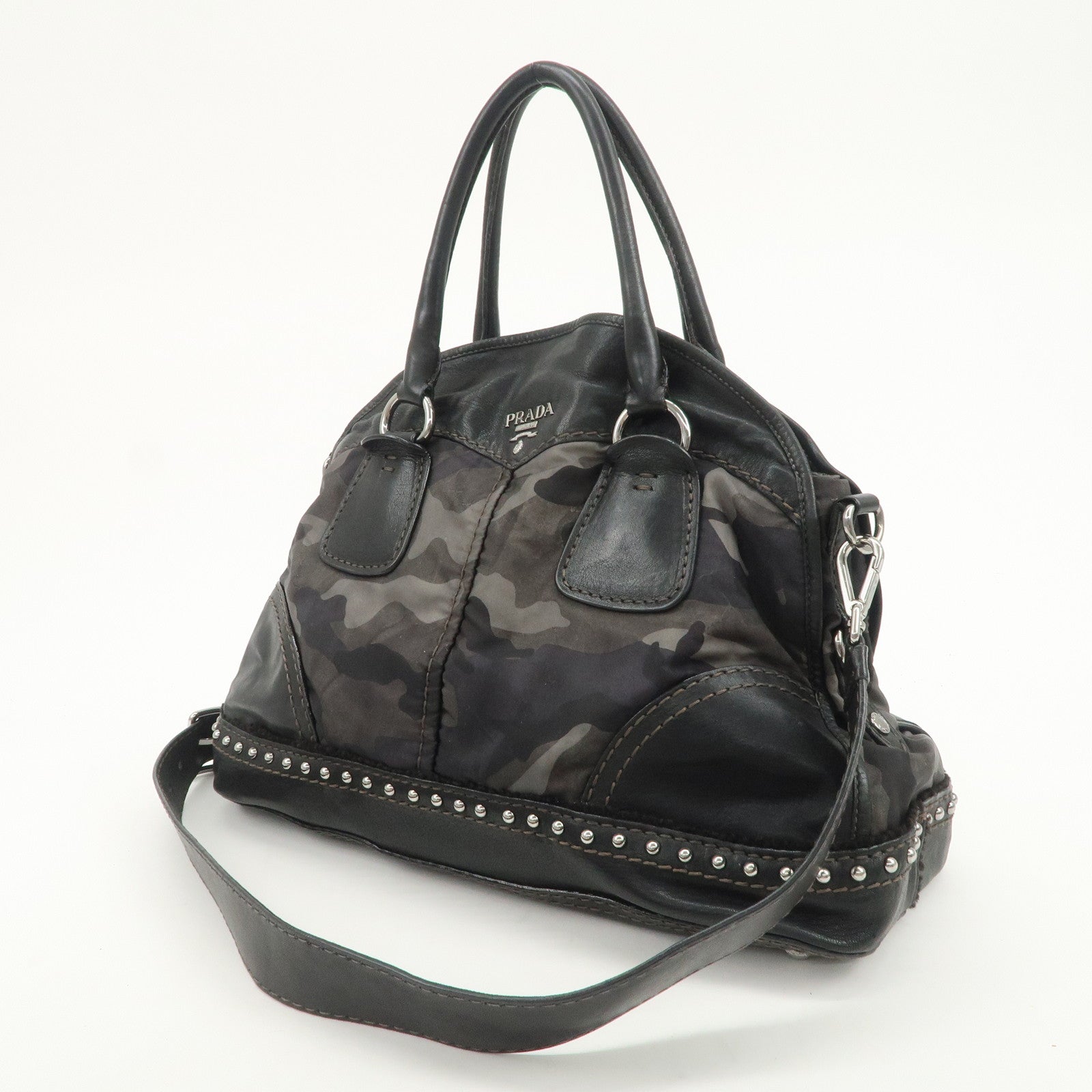 PRADA Nylon Leather 2Way Hand Shoulder Bag Black Camouflage BL0688