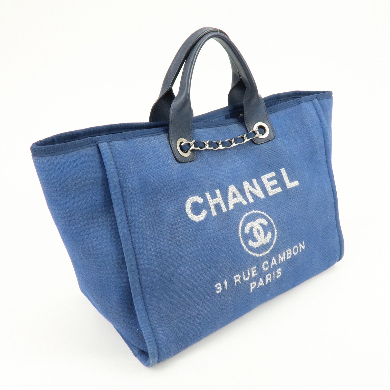 CHANEL Deauville GM Canvas Leather 2Way Tote Bag Blue A66941