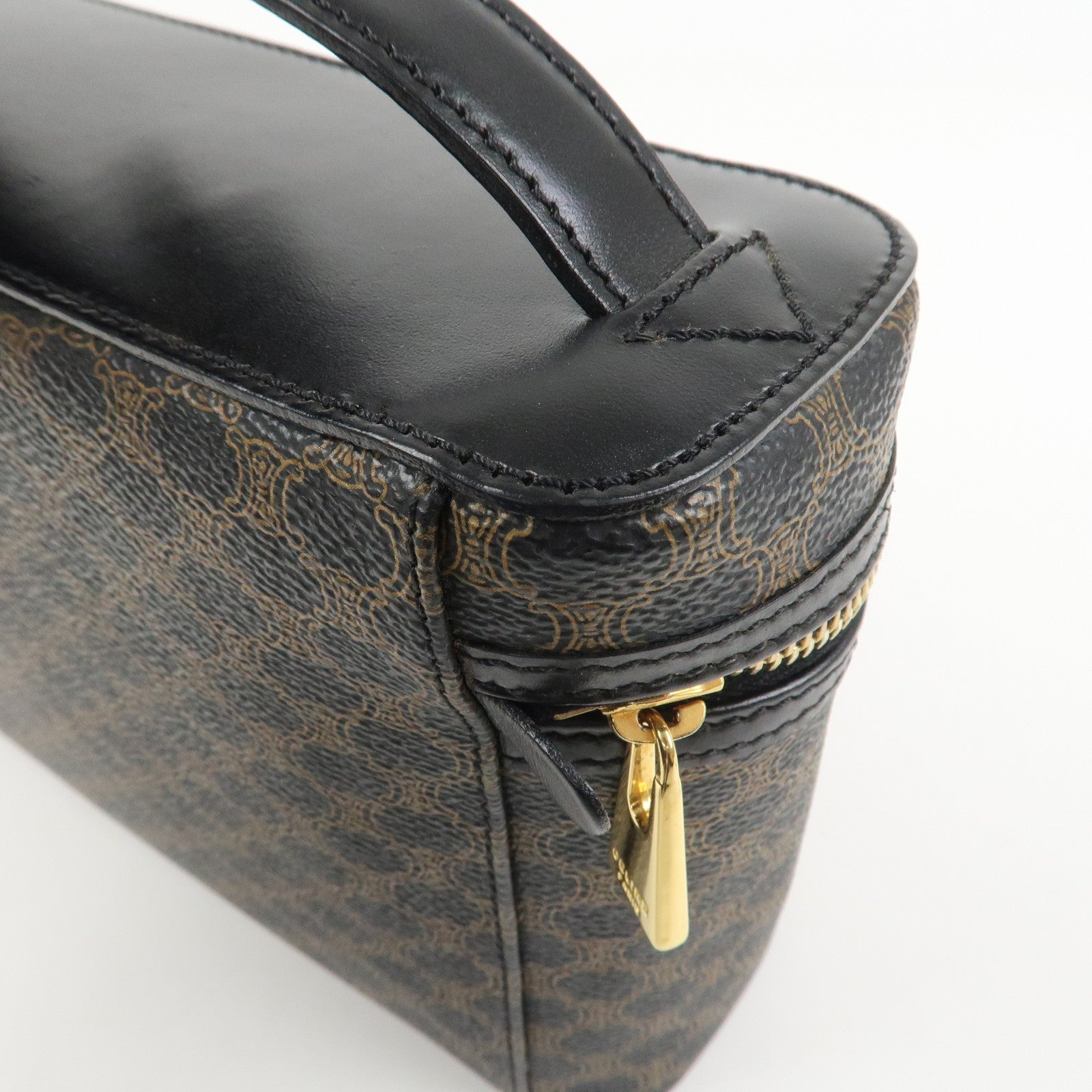 CELINE Macadam PVC Coating Canvas Leather Vanity Bag Hand Bag Black