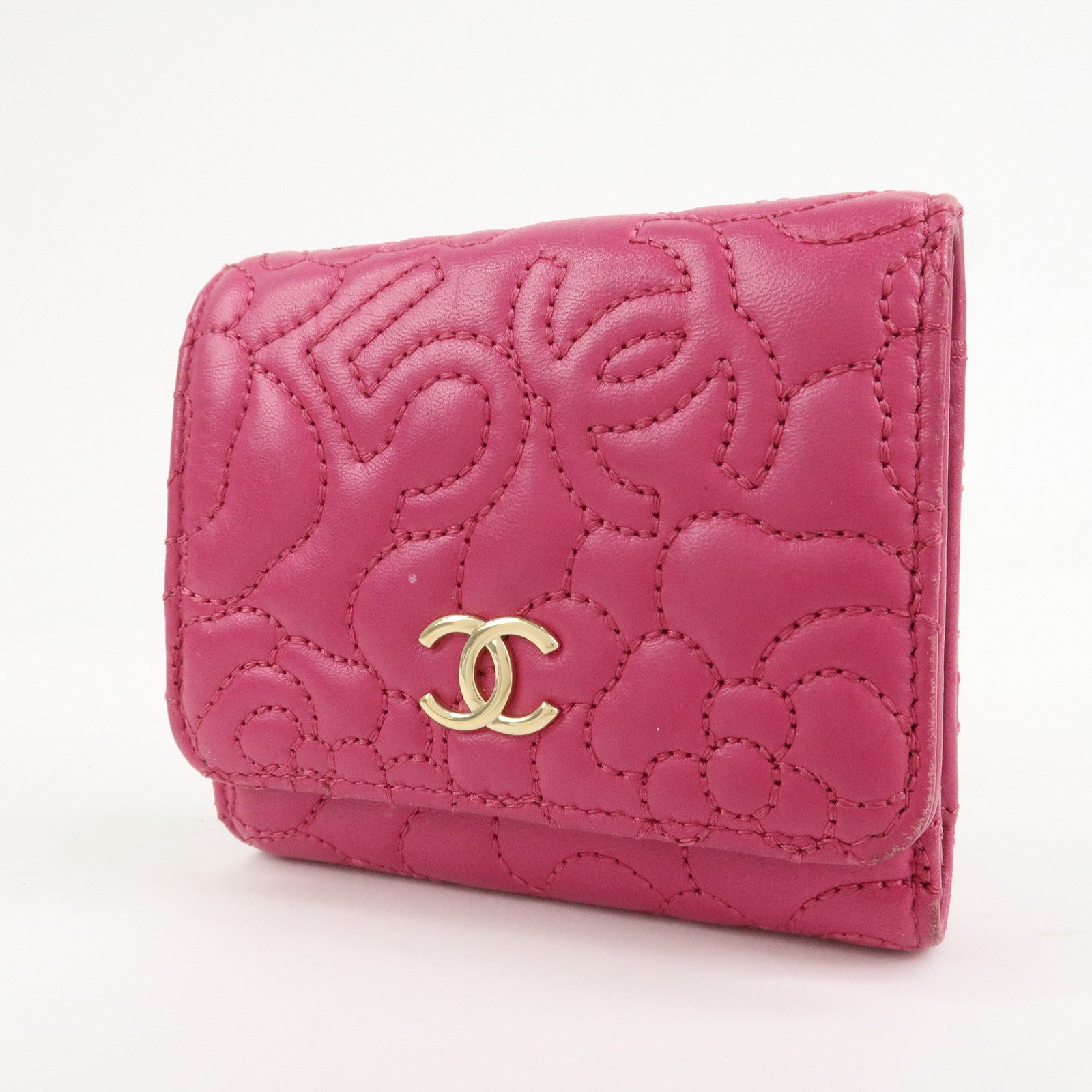 CHANEL Camellia No.5 Lamb Skin Leather Compact Wallet Pink A70615