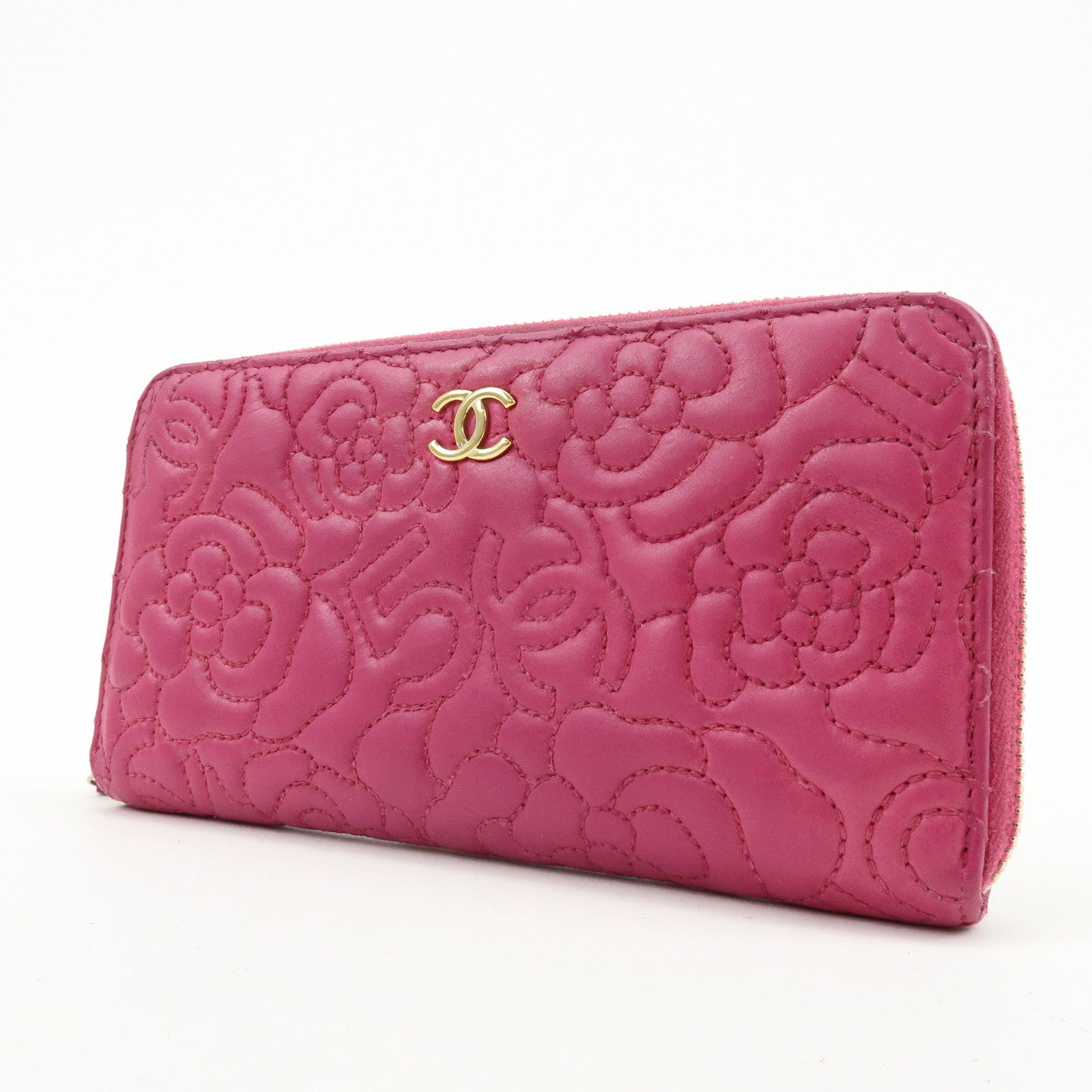 CHANEL Camellia No.5 COCO Mark Calf Leather Zippy Long Wallet Pink