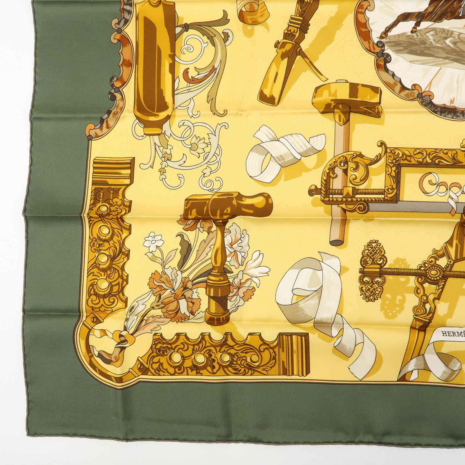 HERMES Carre 90 Silk 100% Scarf Copeaux Gold Yellow Moss Green