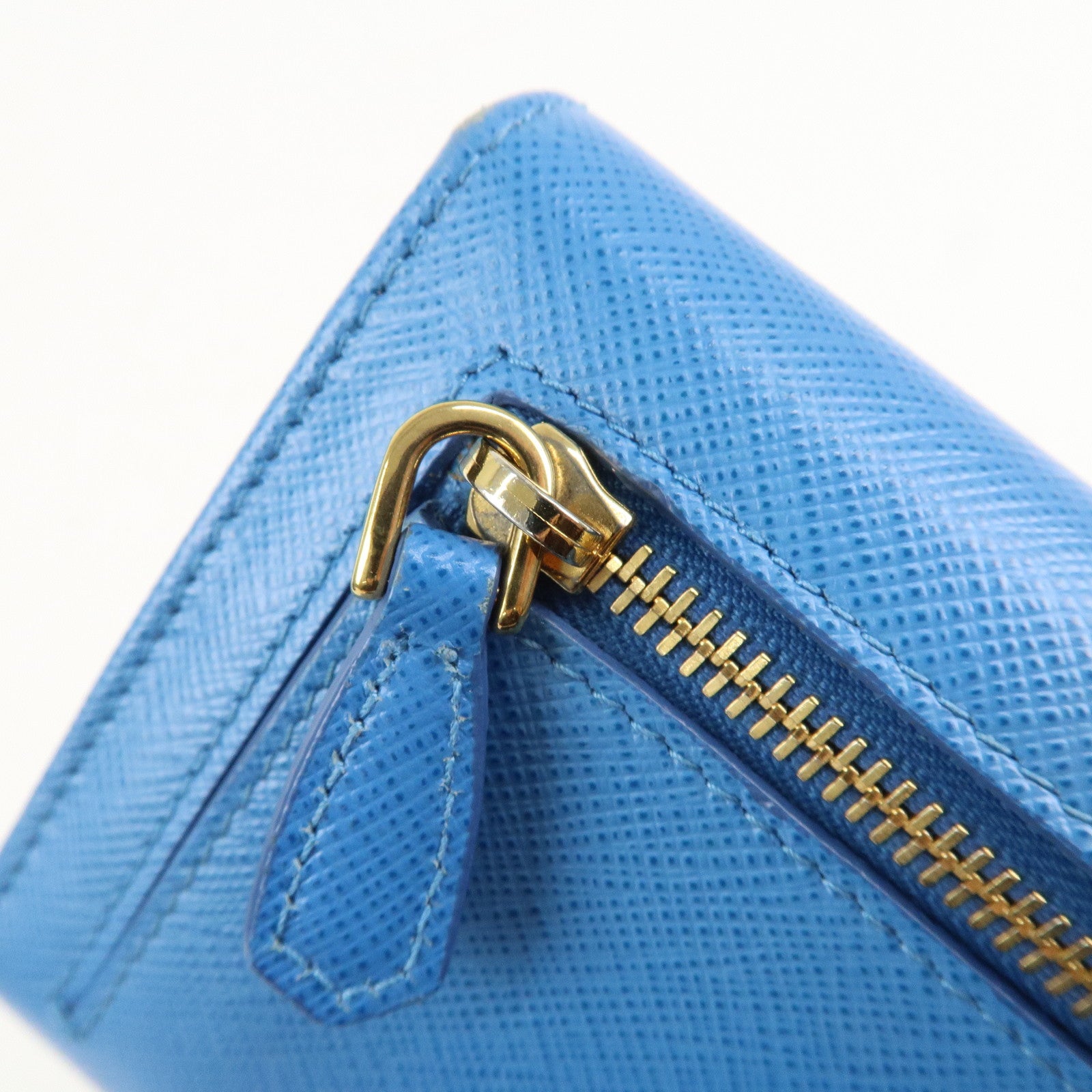 PRADA Saffiano Leather Bi-Fold Long Wallet Blue Gold HDW 1MH132 Used