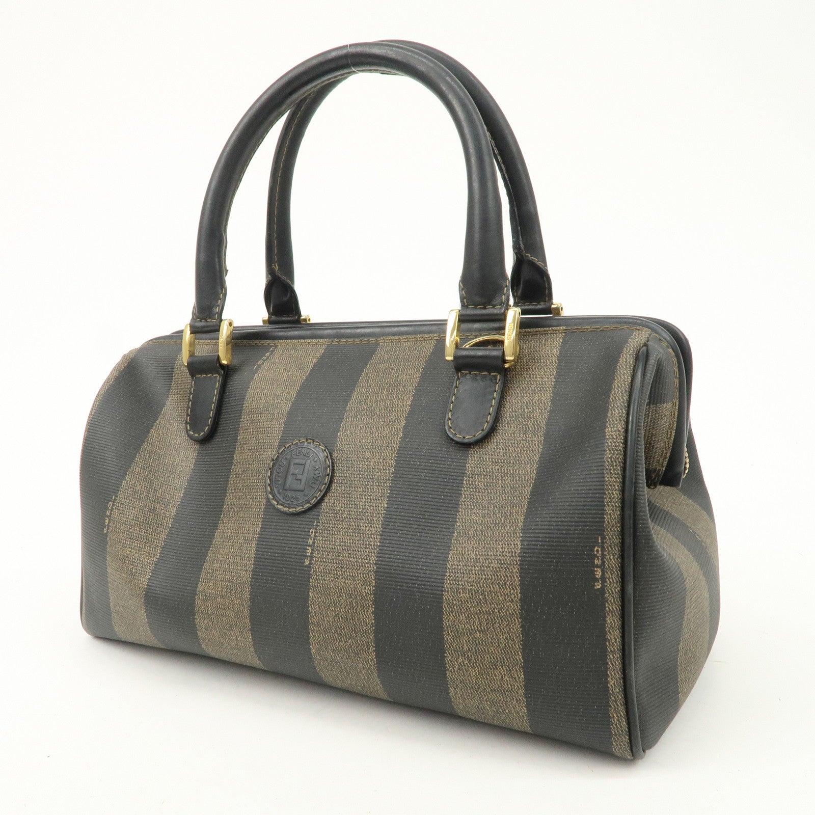 FENDI Pequin PVC Canvas Hand Bag Boston Bag Black Brown Used