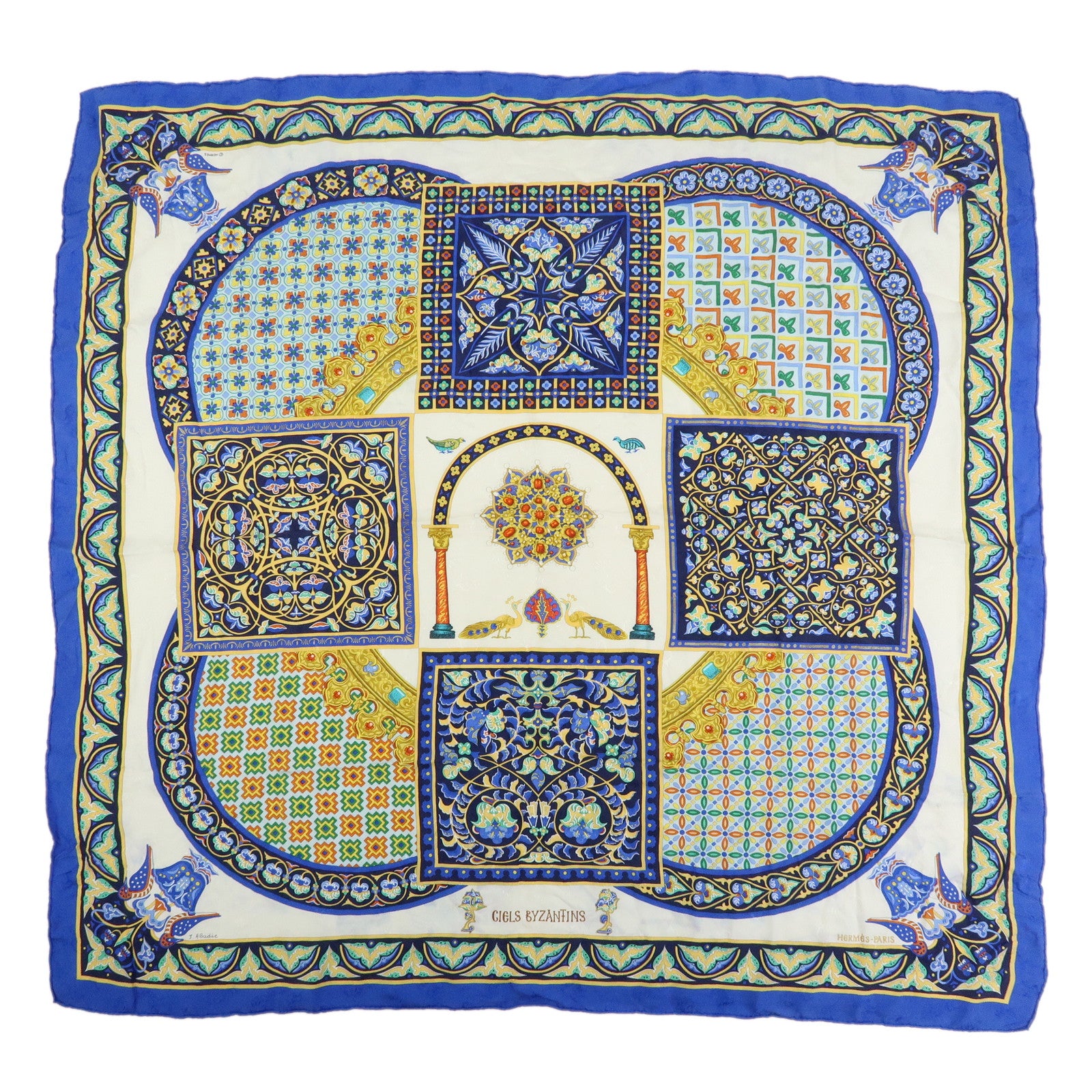 HERMES Carre 90 Silk 100% CIELS BYZANTINS Scarf Blue Gold