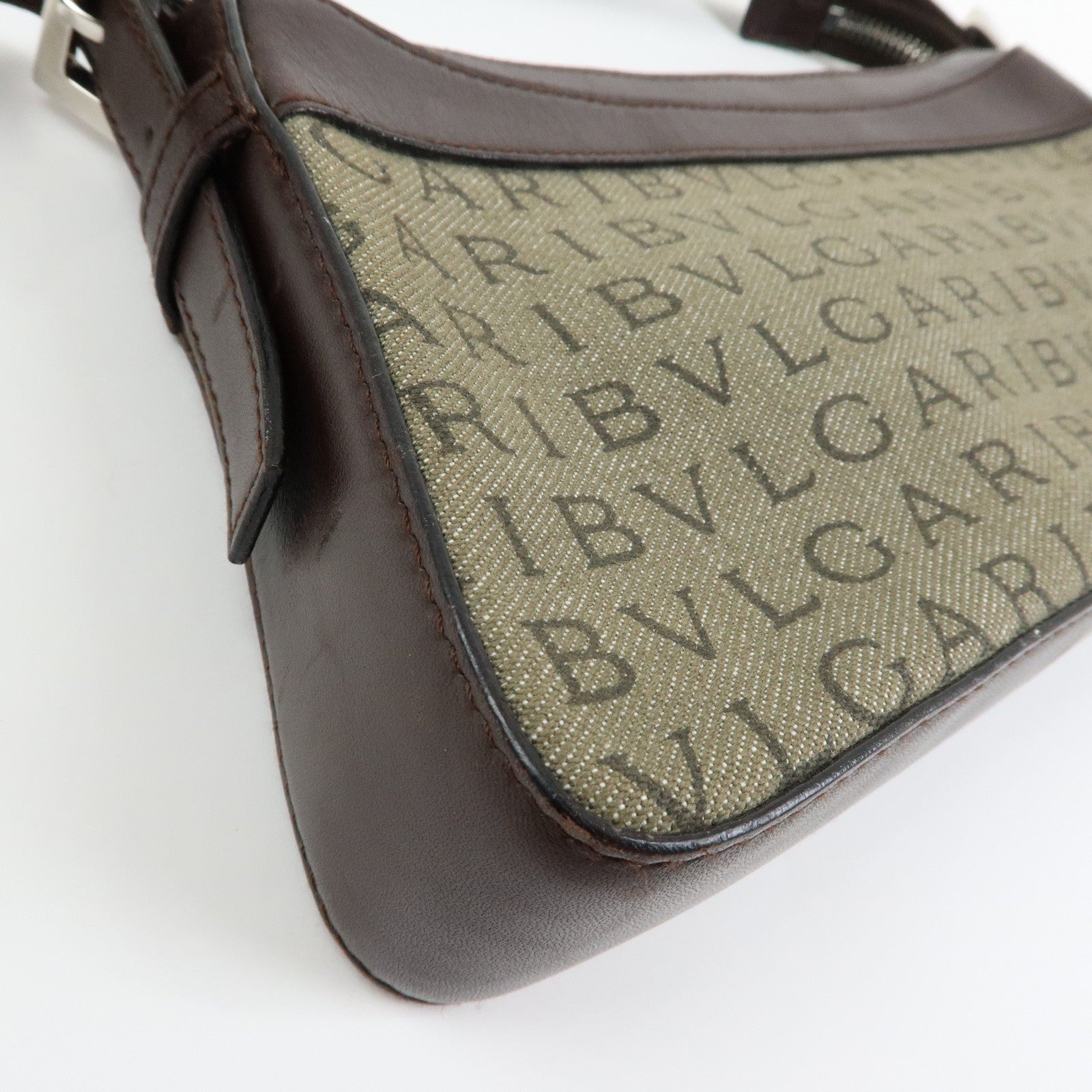 BVLGARI Logo Mania Canvas Leather Shoulder Bag Hand Bag Khaki