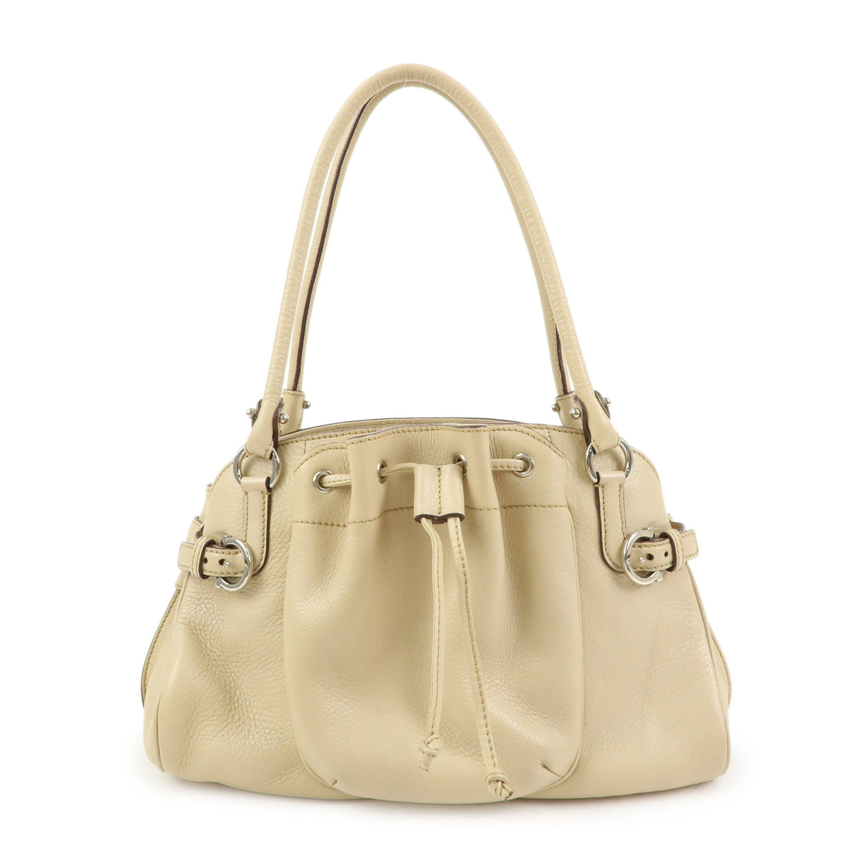 Ferragamo Gancini Leather Drawstring Shoulder Bag Hand Bag Beige