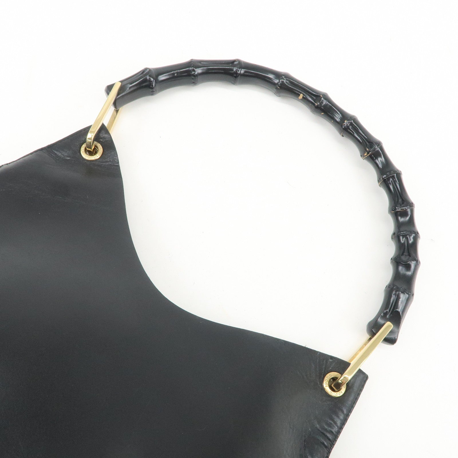 GUCCI Bamboo Leather Shoulder Bag Hand Bag Black Gold