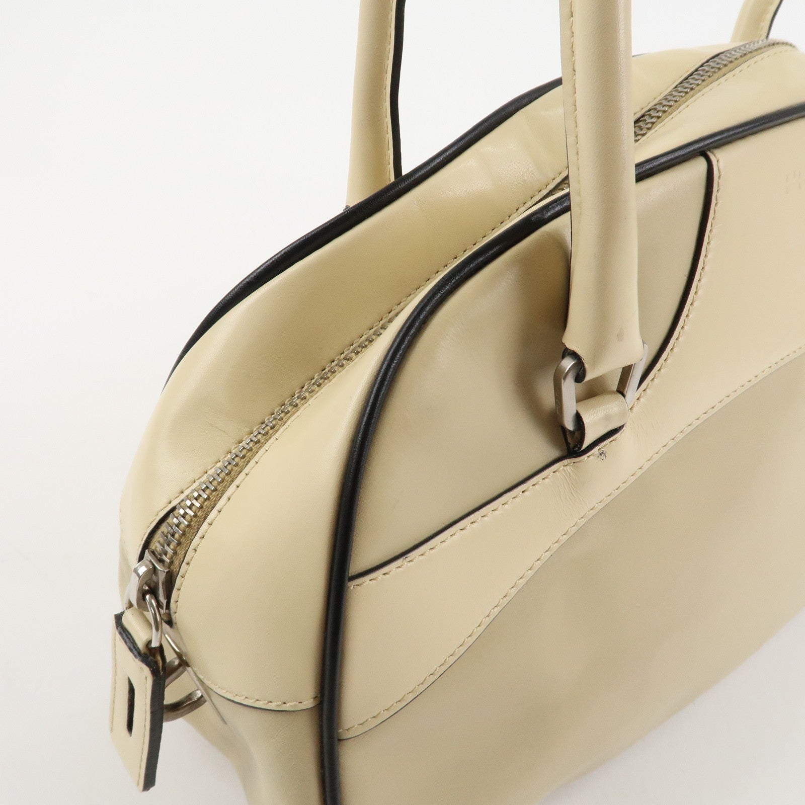 PRADA Leather Bowling Bag Boston Bag Ivory Silver Hardware BL0049 Used