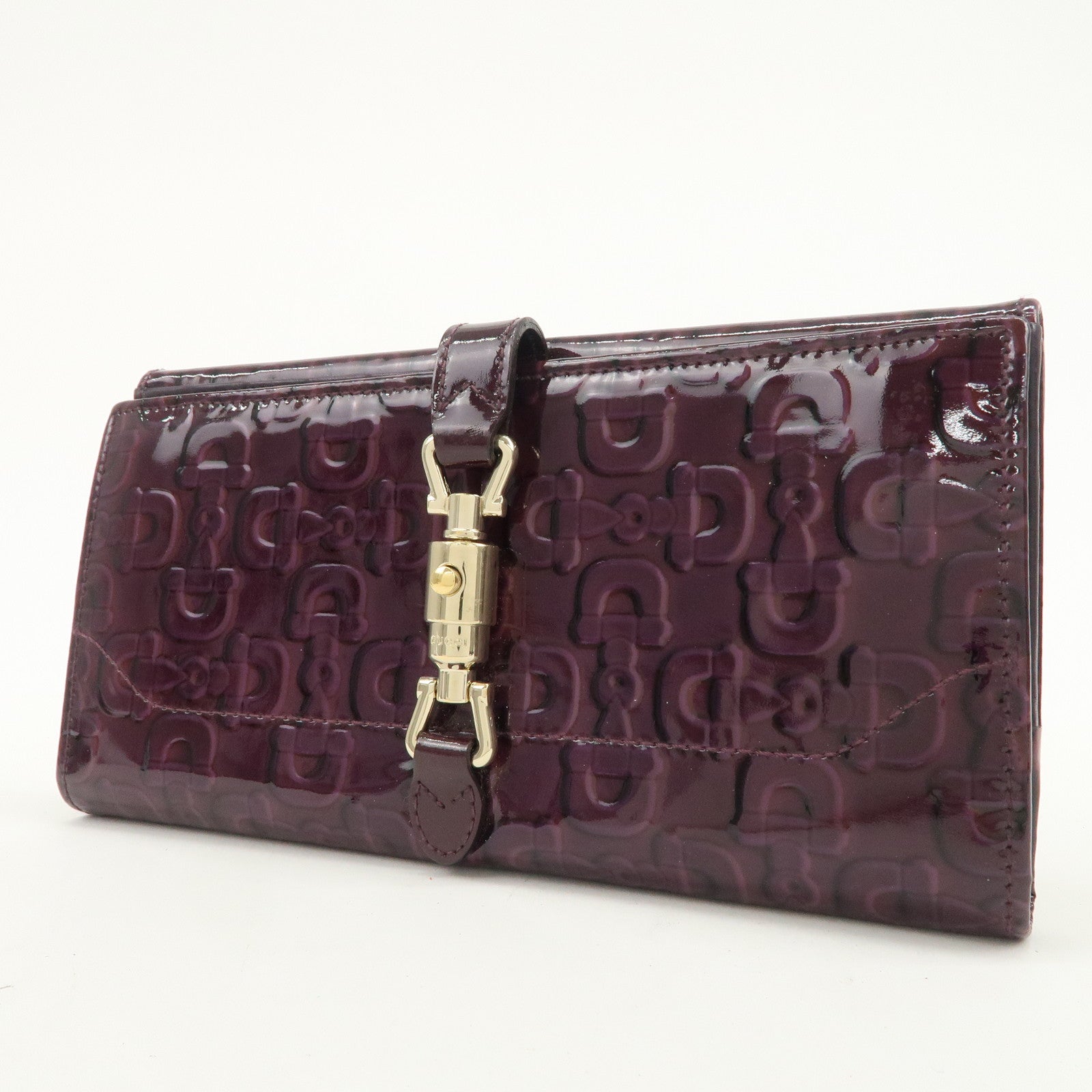 GUCCI New Jackie Logo Patent Leather Long Flap Wallet Purple 141430