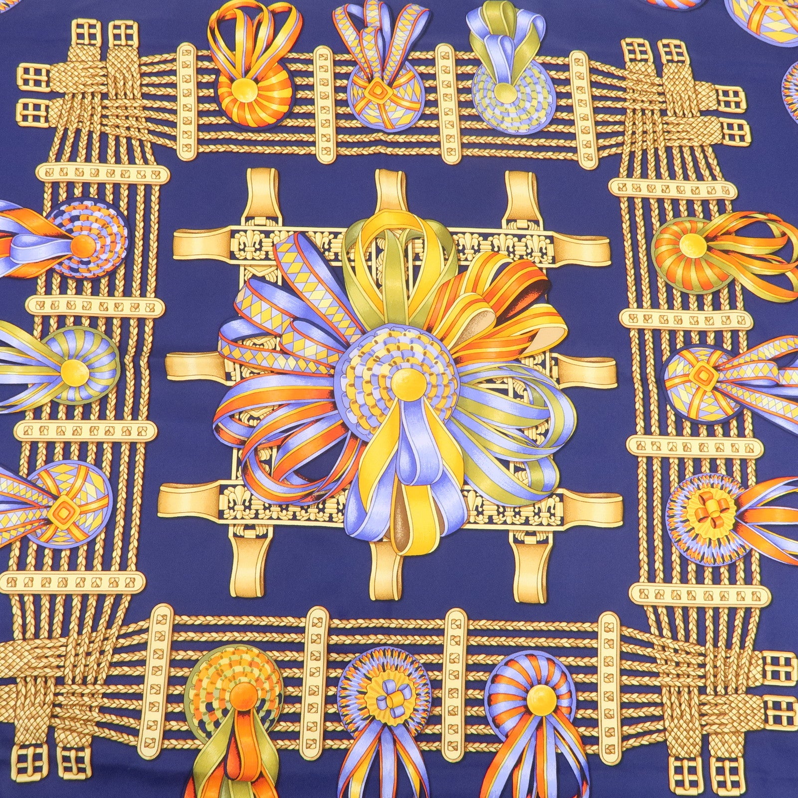 HERMES Carre 90 LES RUBANS DU CHEVAL Silk 100% Scarf Navy