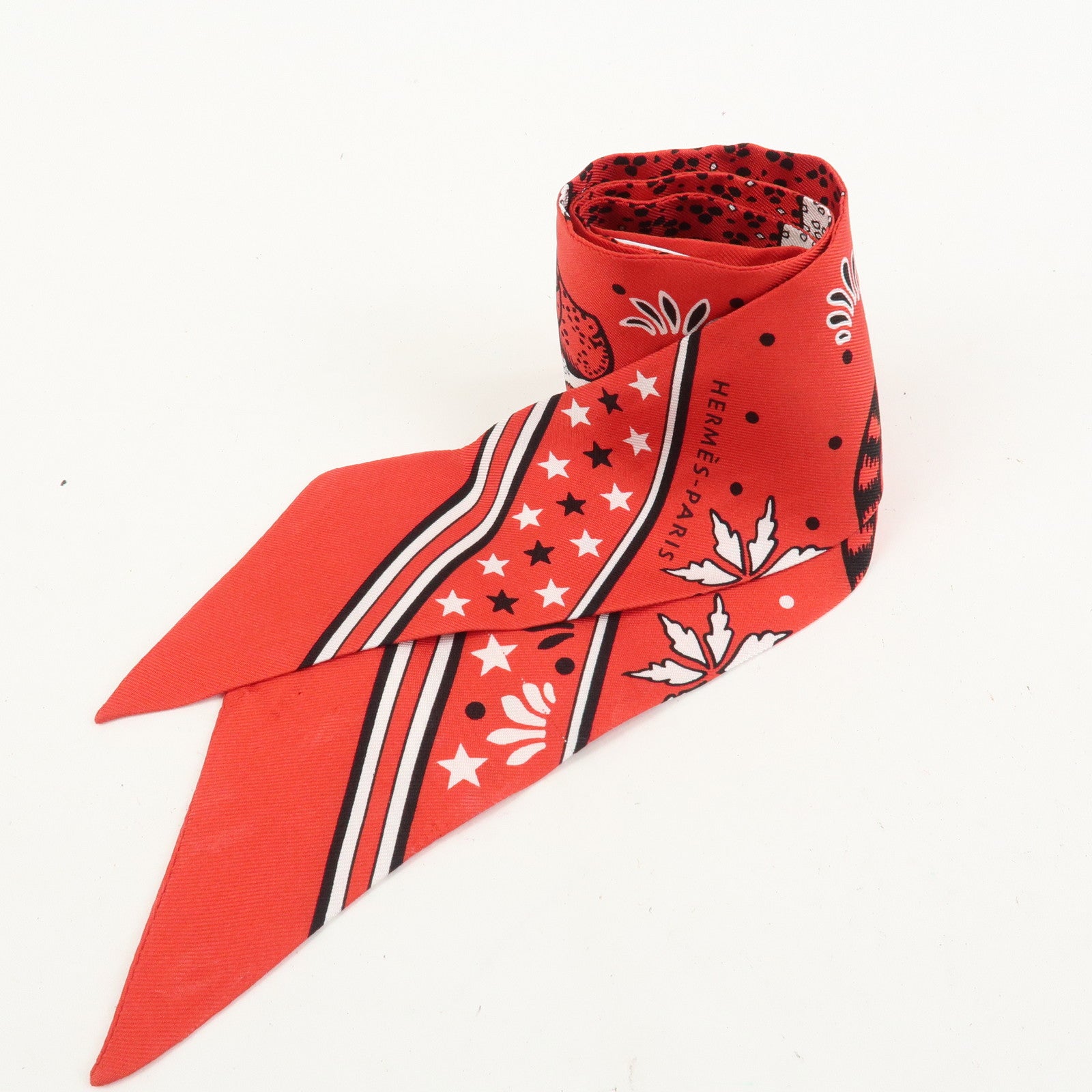 HERMES Twilly Silk 100% Scarf LES LEOPARDS Red Black White