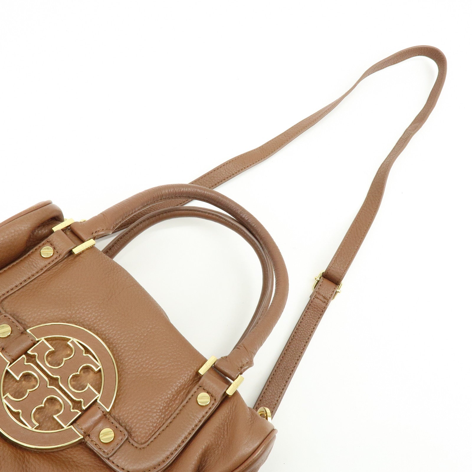 TORY BURCH Double T Leather 2Way Bag Hand Bag Mini Boston Bag Brown