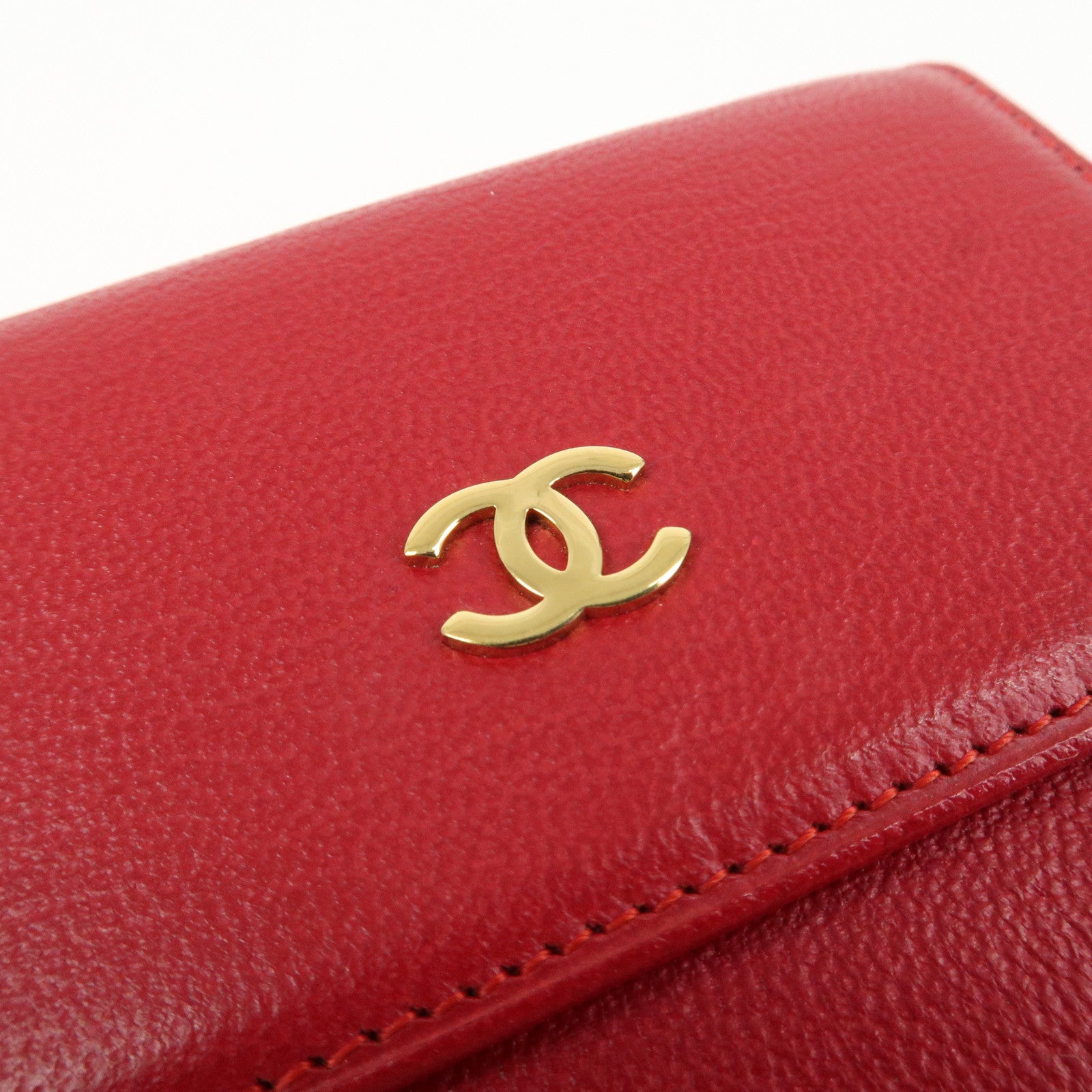 CHANEL COCO Mark Leather Tri-Fold Compact Wallet Red A13456 Used