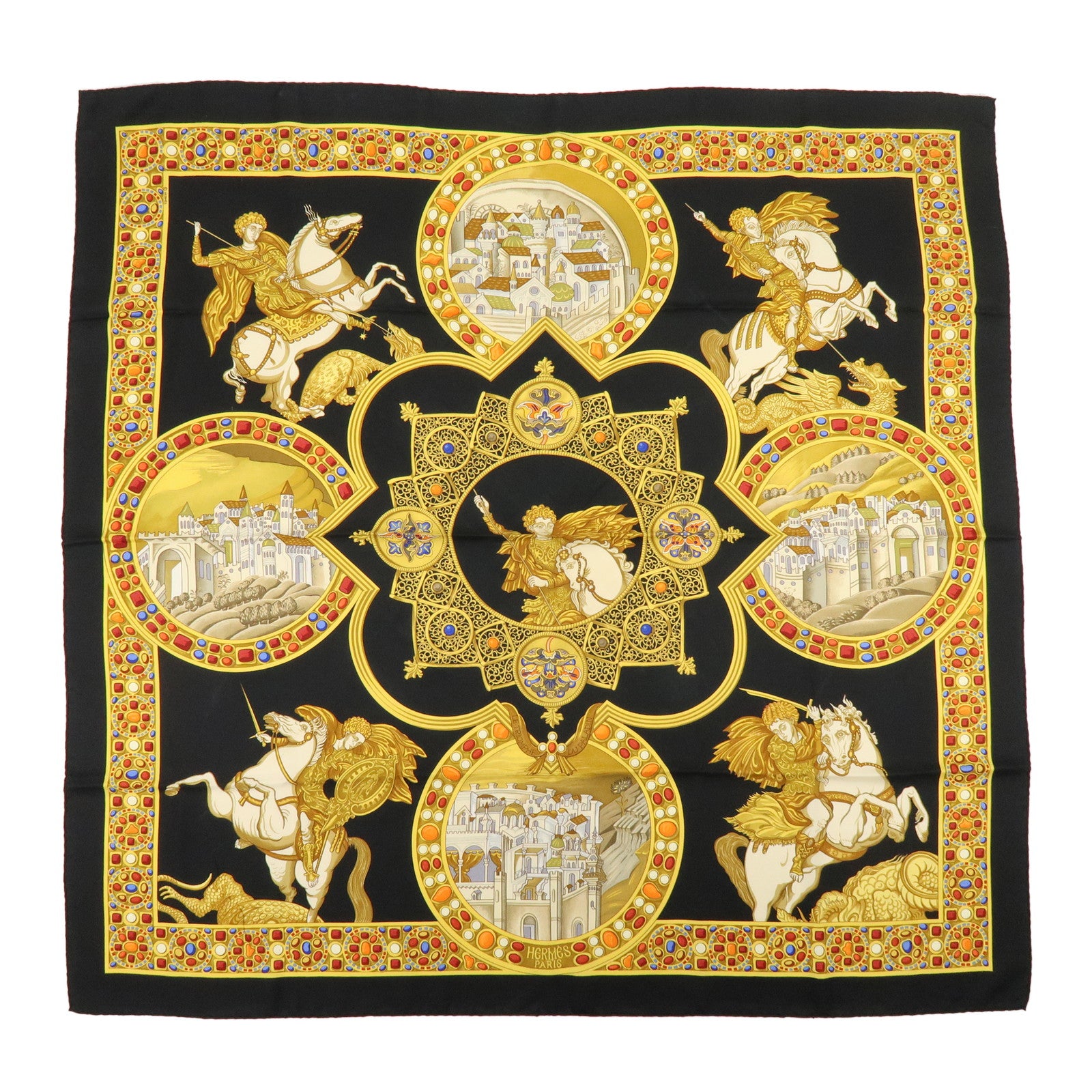 HERMES Carre 90 Silk 100% LE TRIOMPHE DU PALADIN Black Gold
