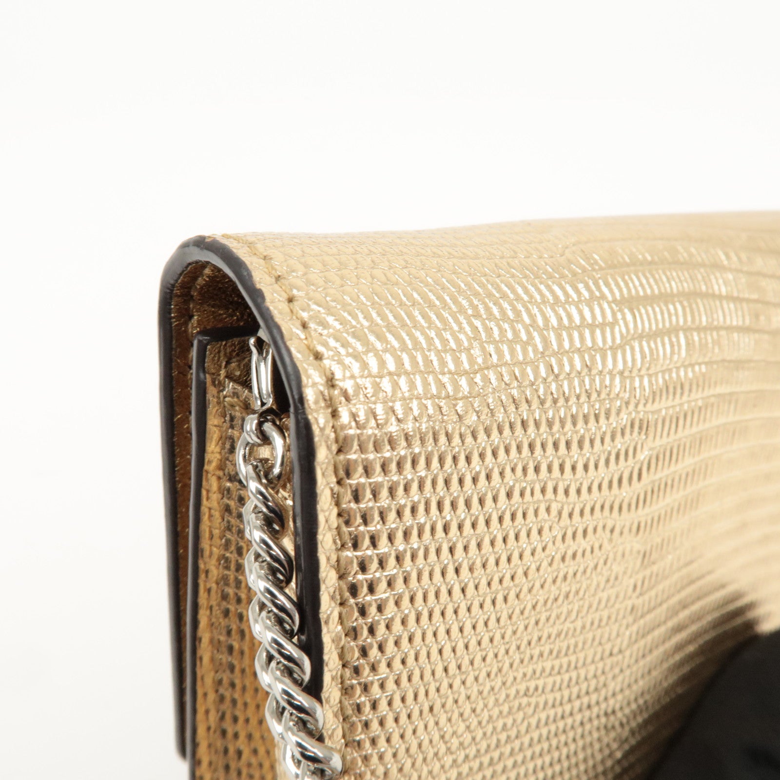 JIMMY CHOO Leather Rhine Stone Chain Wallet Gold Silver HDW Used