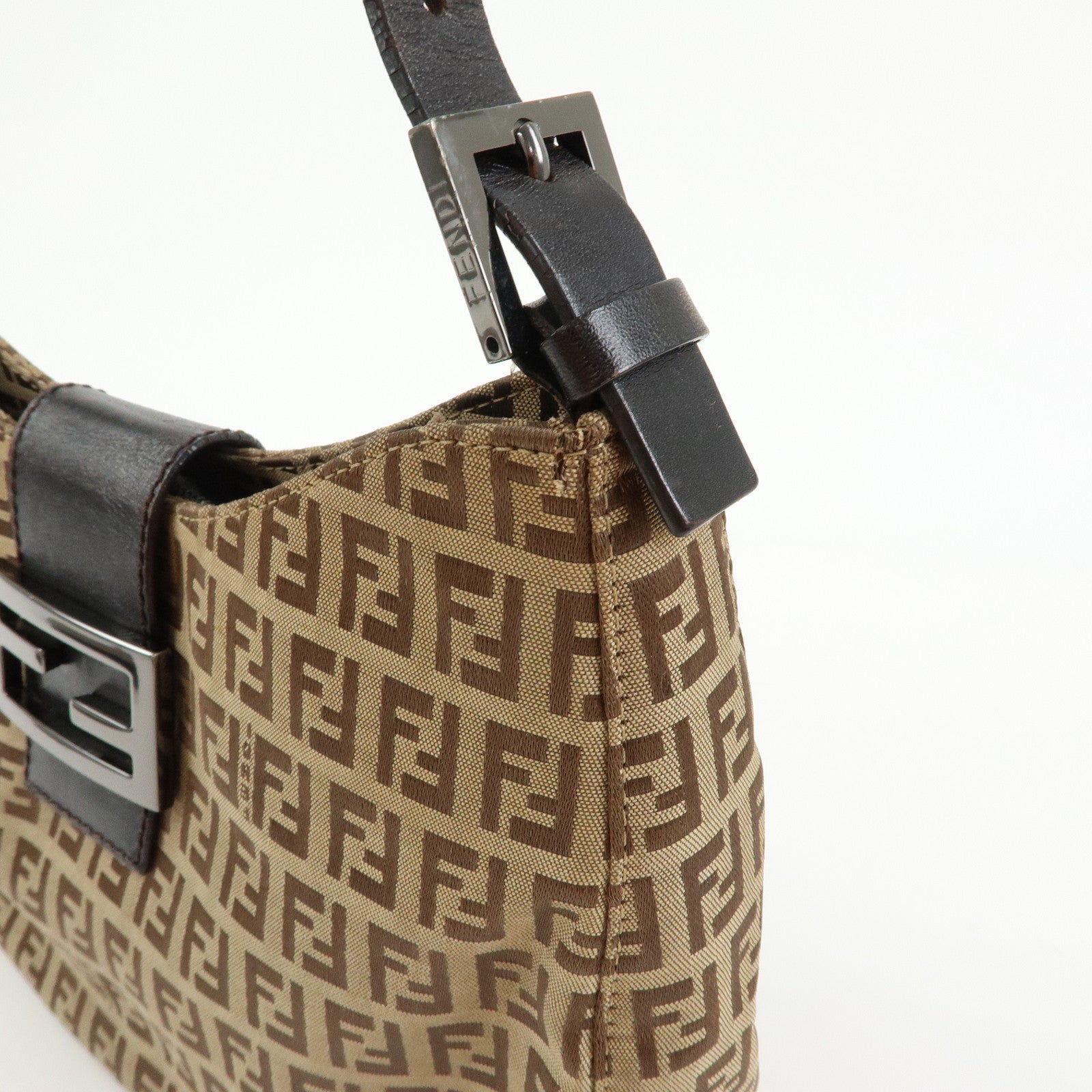FENDI Zucchino Canvas Leather Shoulder Bag Brown 8BR036