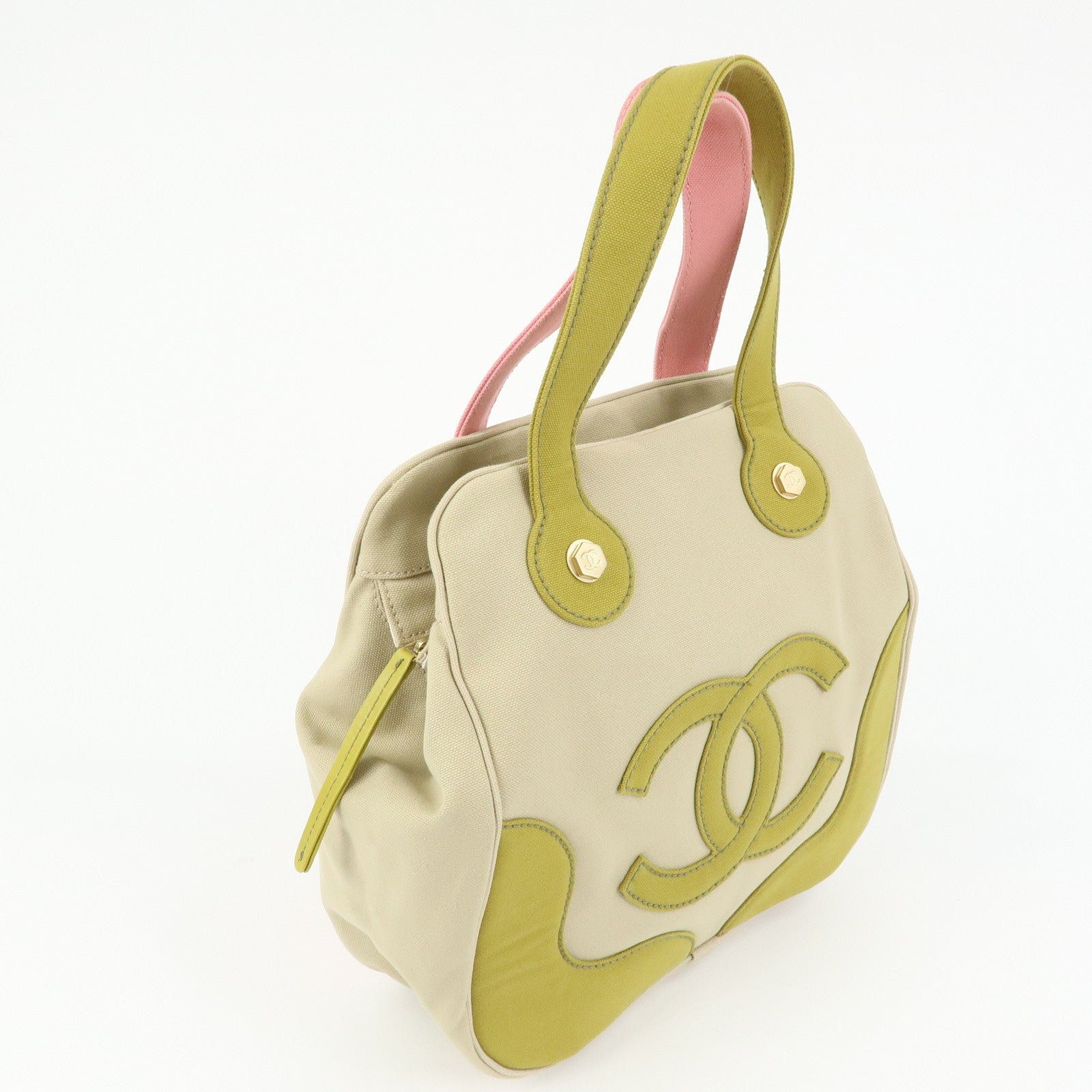 CHANEL Marshmello COCO Mark Canvas Hand Bag Beige Light Green Pink