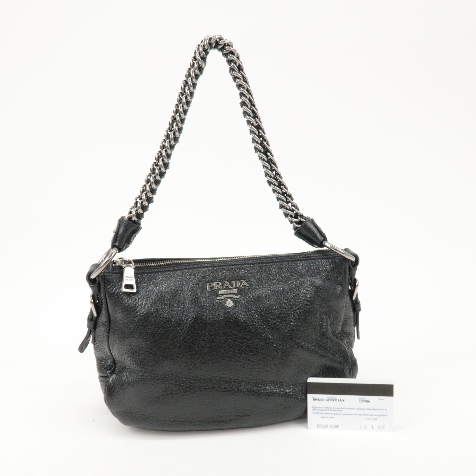 PRADA Logo Leather Chain Shoulder Bag Hand Bag Black BR4370 Used