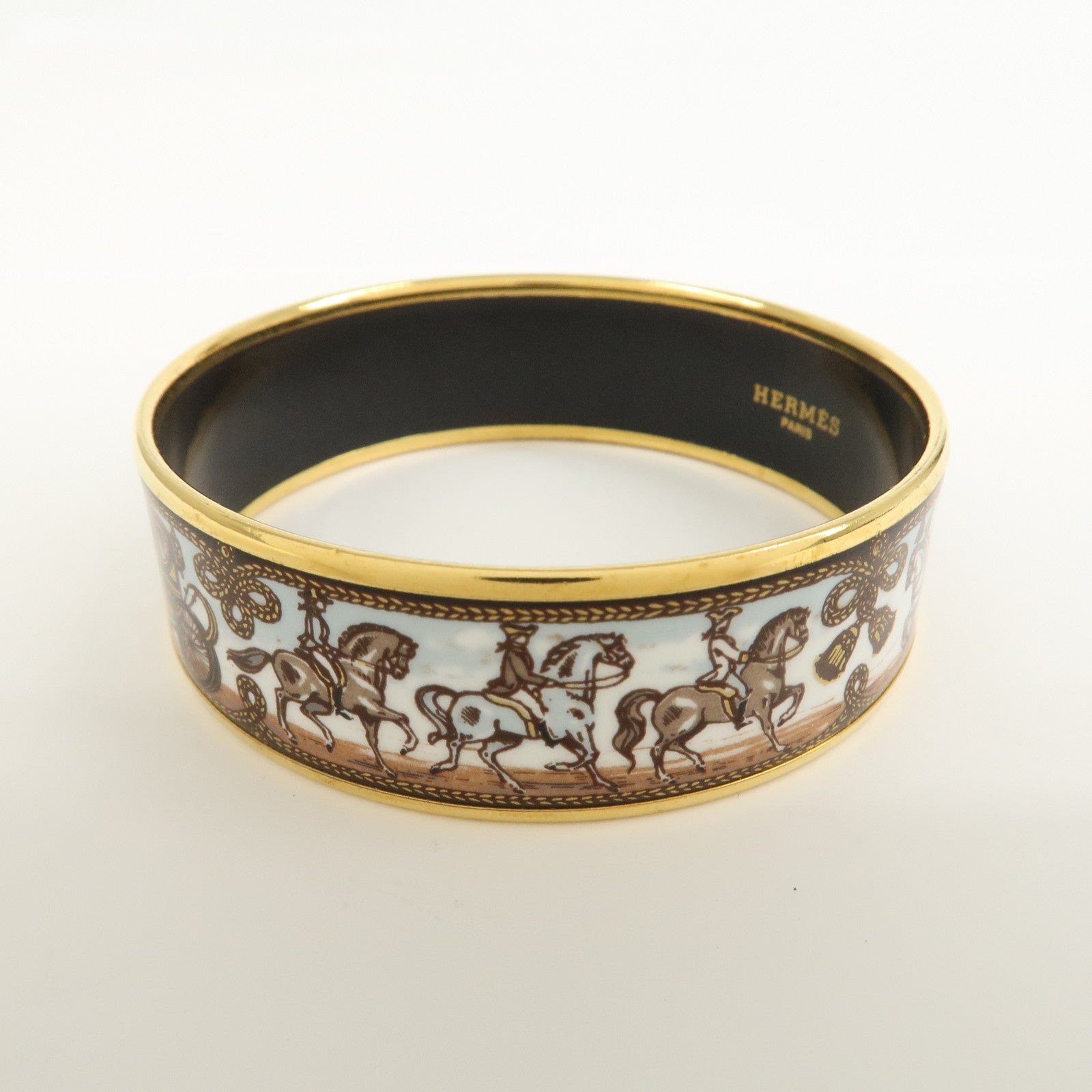 HERMES Email GM Gold Plated Bangle Bracelet White Blue